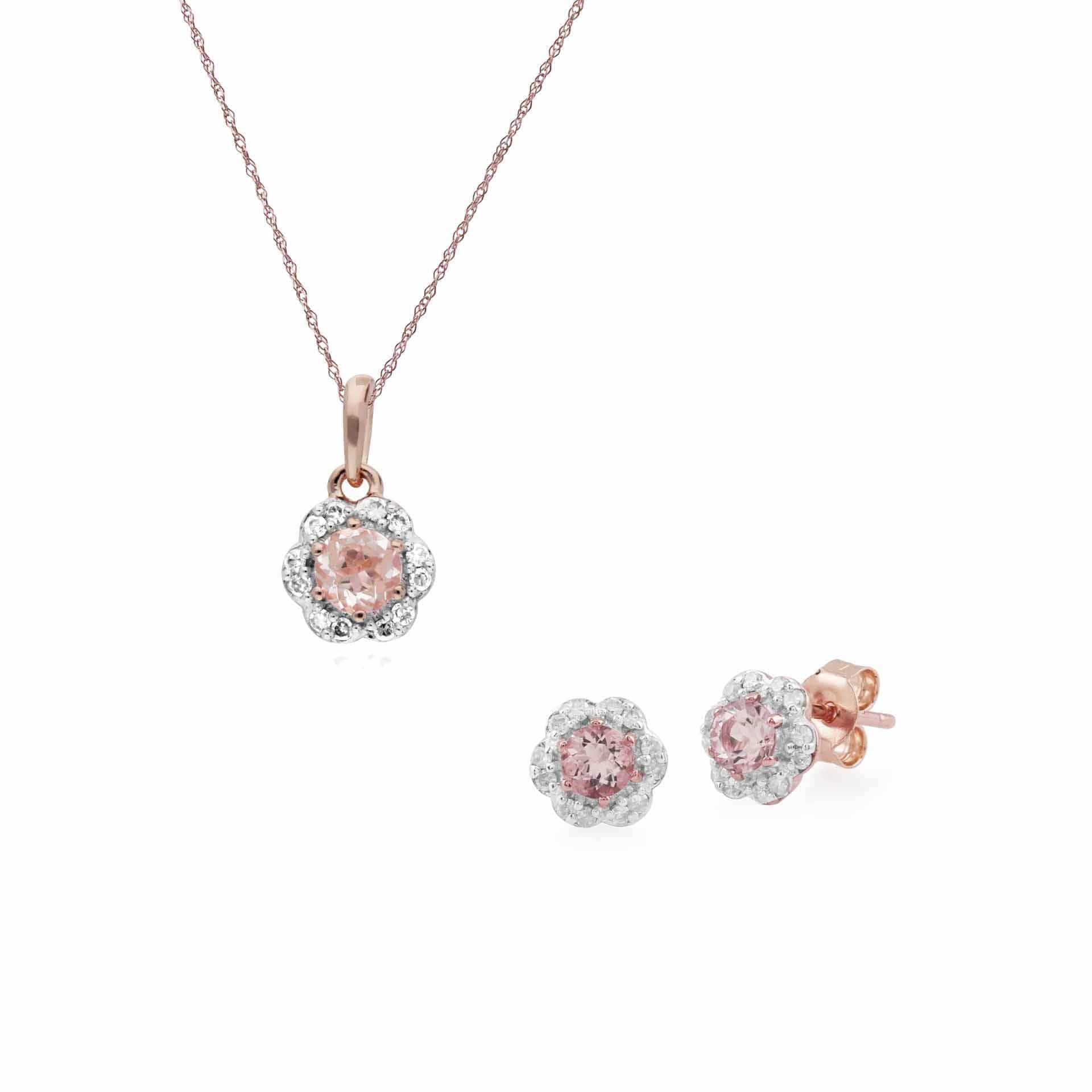 135E1305019-135P1649019 Floral Morganite & Diamond Flower Stud Earrings & Pendant Set in 9ct Rose Gold 1