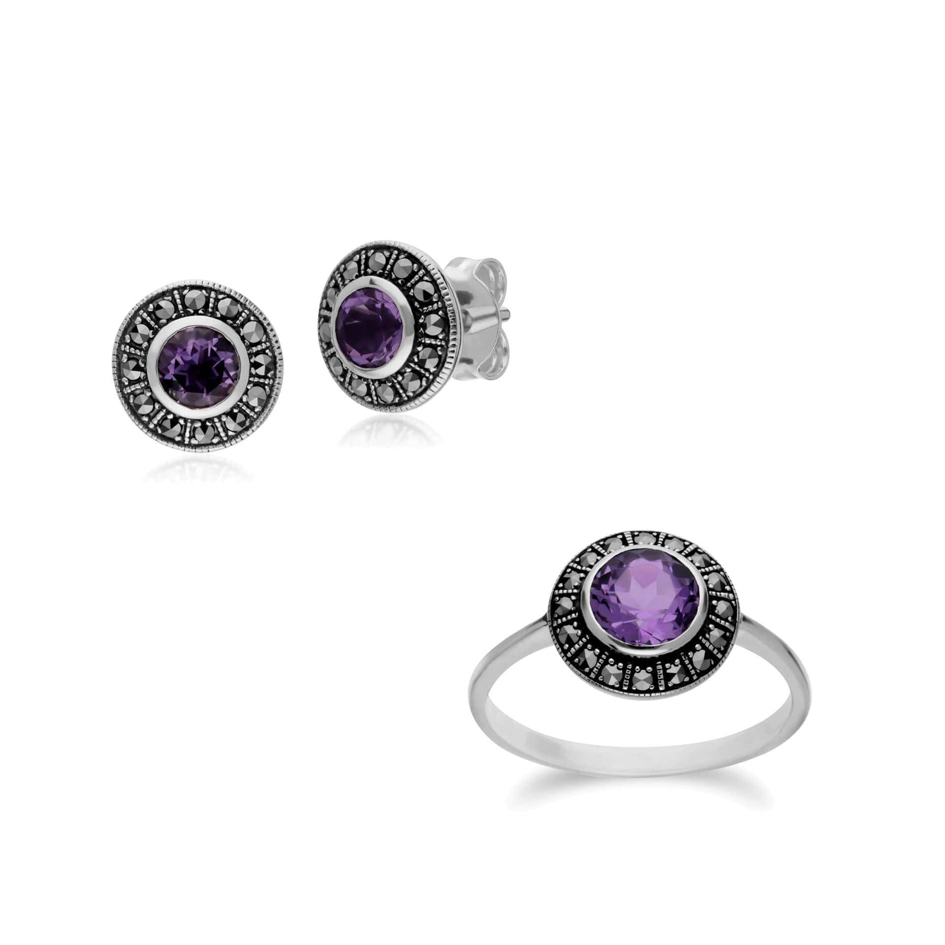 214E872701925-214R605601925 Art Deco Style Round Amethyst and Marcasite Cluster Stud Earrings & Ring Set in 925 Sterling Silver 1