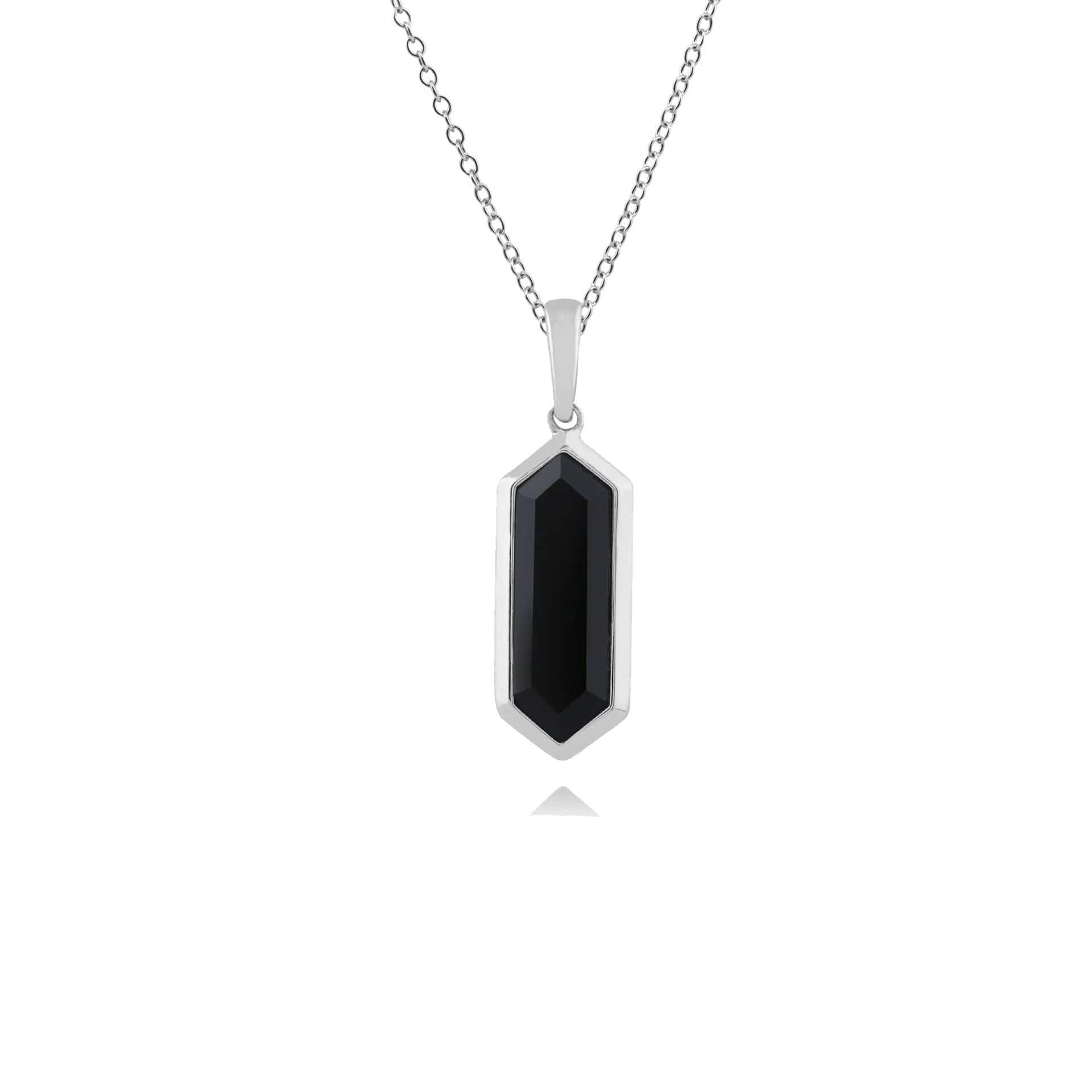 Geometric Hexagon Black Onyx Prism Drop Pendant in 925 Sterling Silver