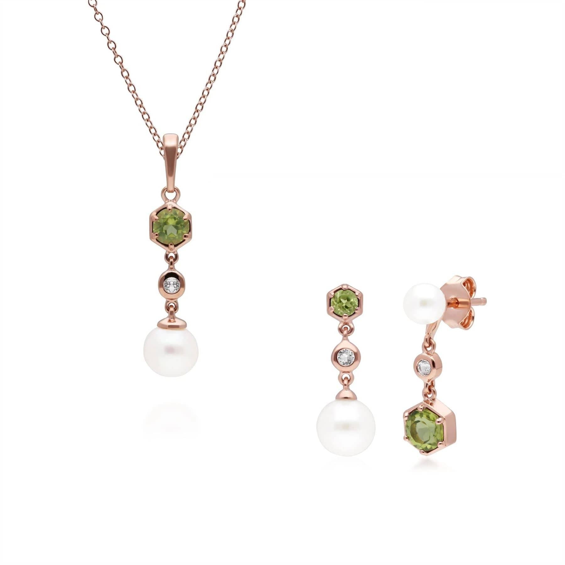 Modern Pearl, Peridot & Topaz Pendant & Earring Set in Rose Gold Plated Silver - Gemondo