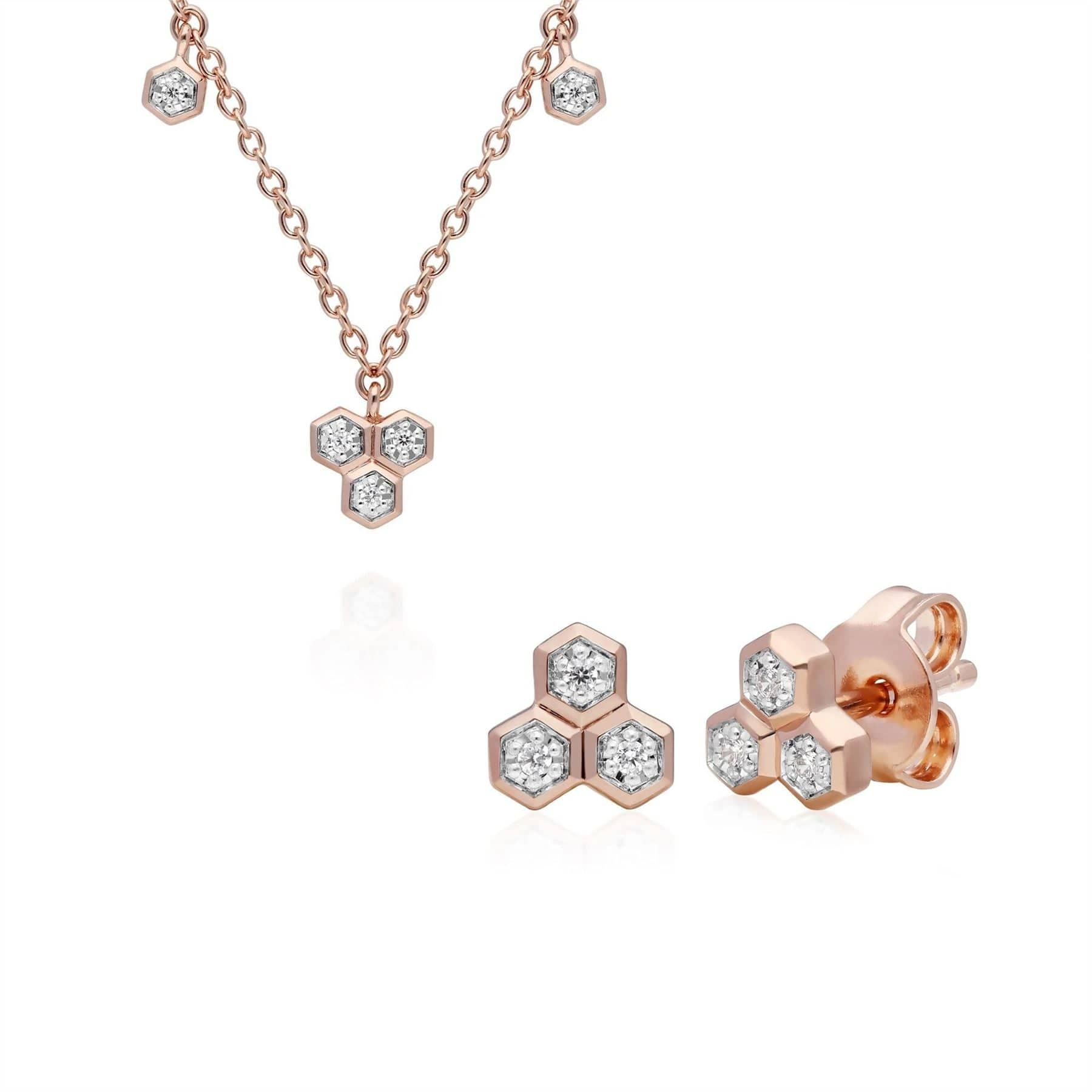 Diamond Trilogy Necklace & Stud Earring Set in 9ct Rose Gold - Gemondo
