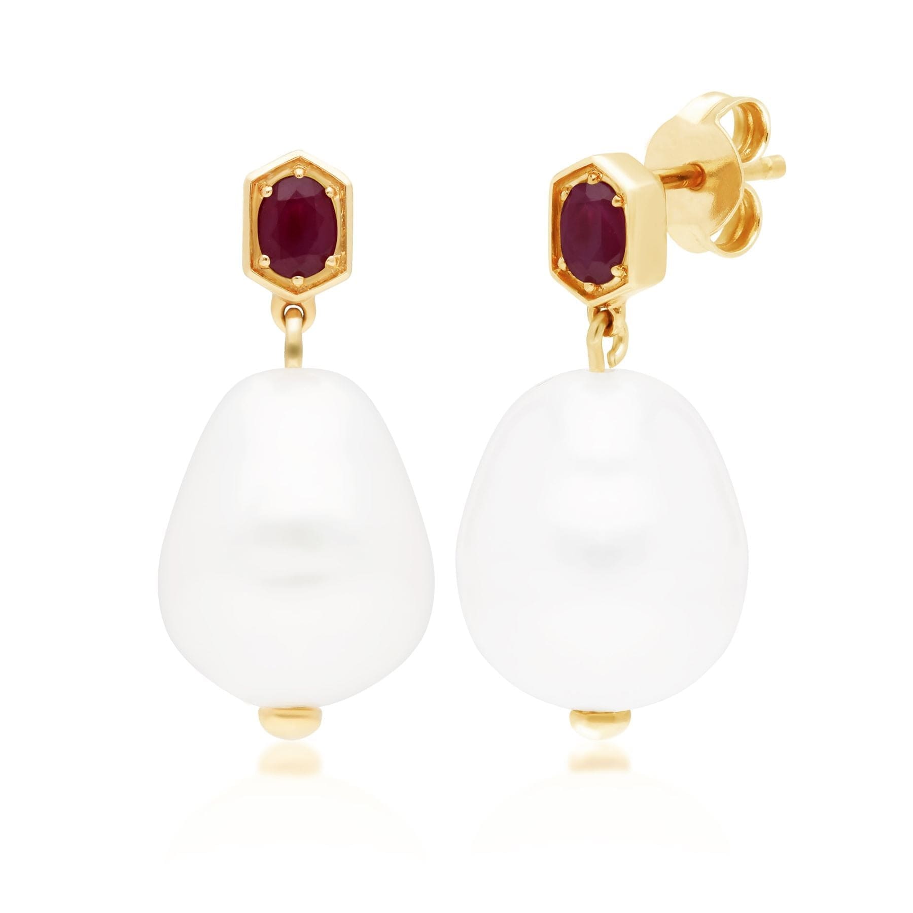 Modern Baroque Pearl & Ruby Drop Earrings in Gold Plated Sterling Silver