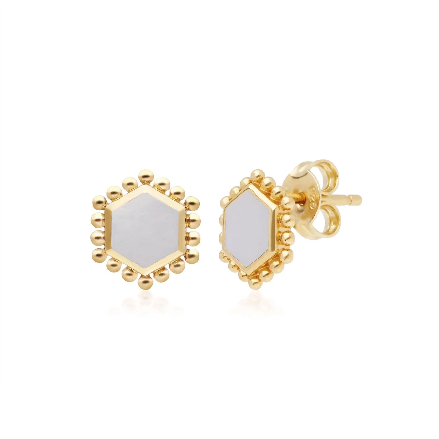 Mother of Pearl Flat Slice Hex Stud Earrings in Gold Plated Silver - Gemondo