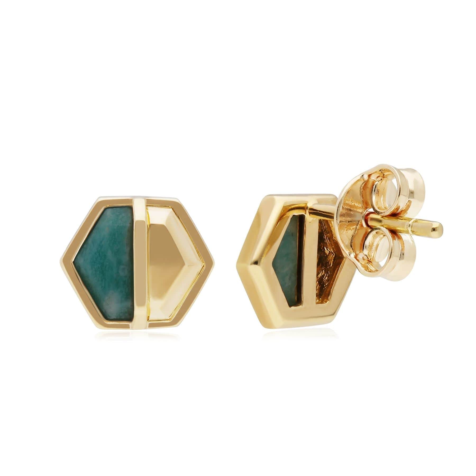 Micro Statement Amazonite Hexagon Stud Earrings in Gold Plated 925 Sterling Silver