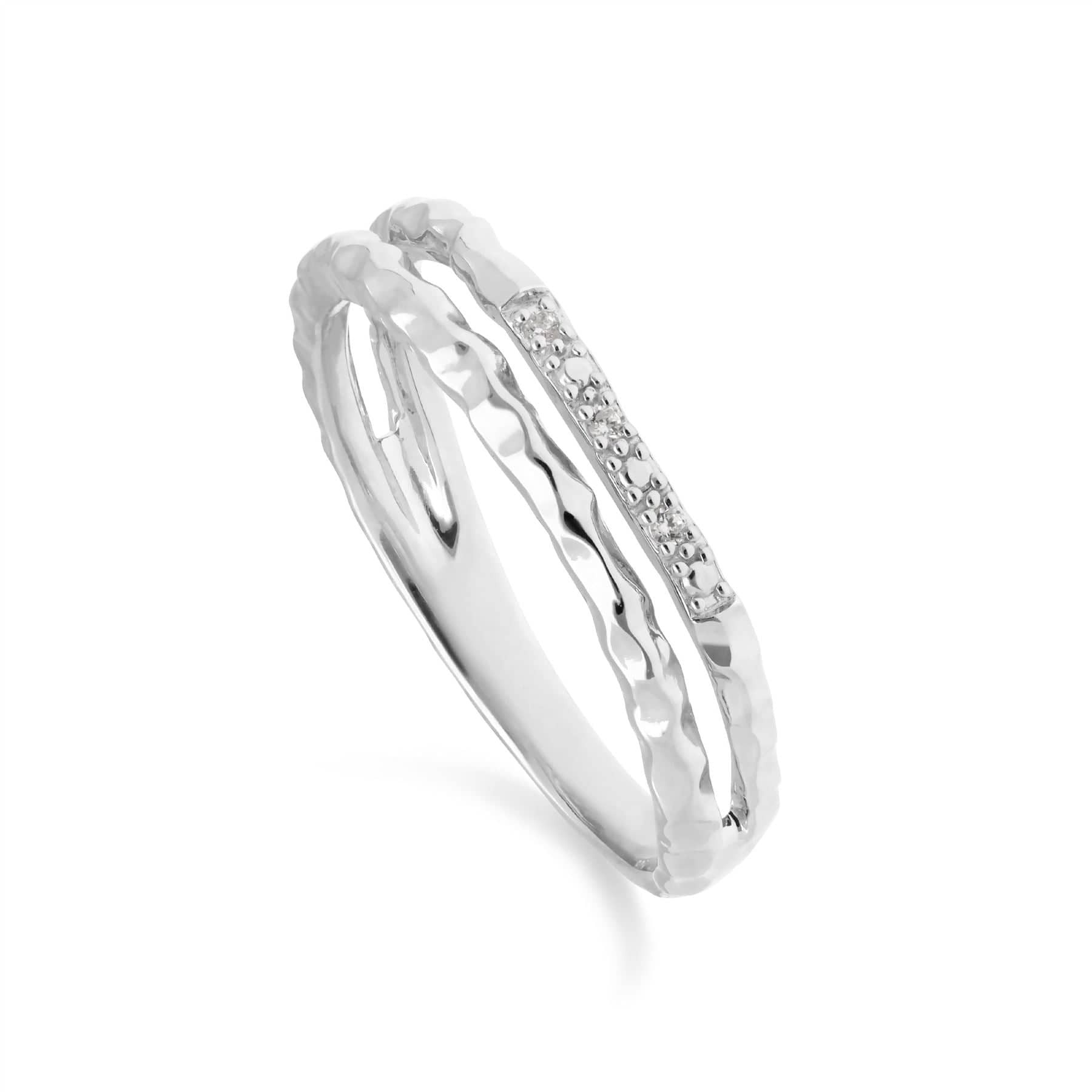 Diamond Pavé Hammered Double Band Ring in White Gold