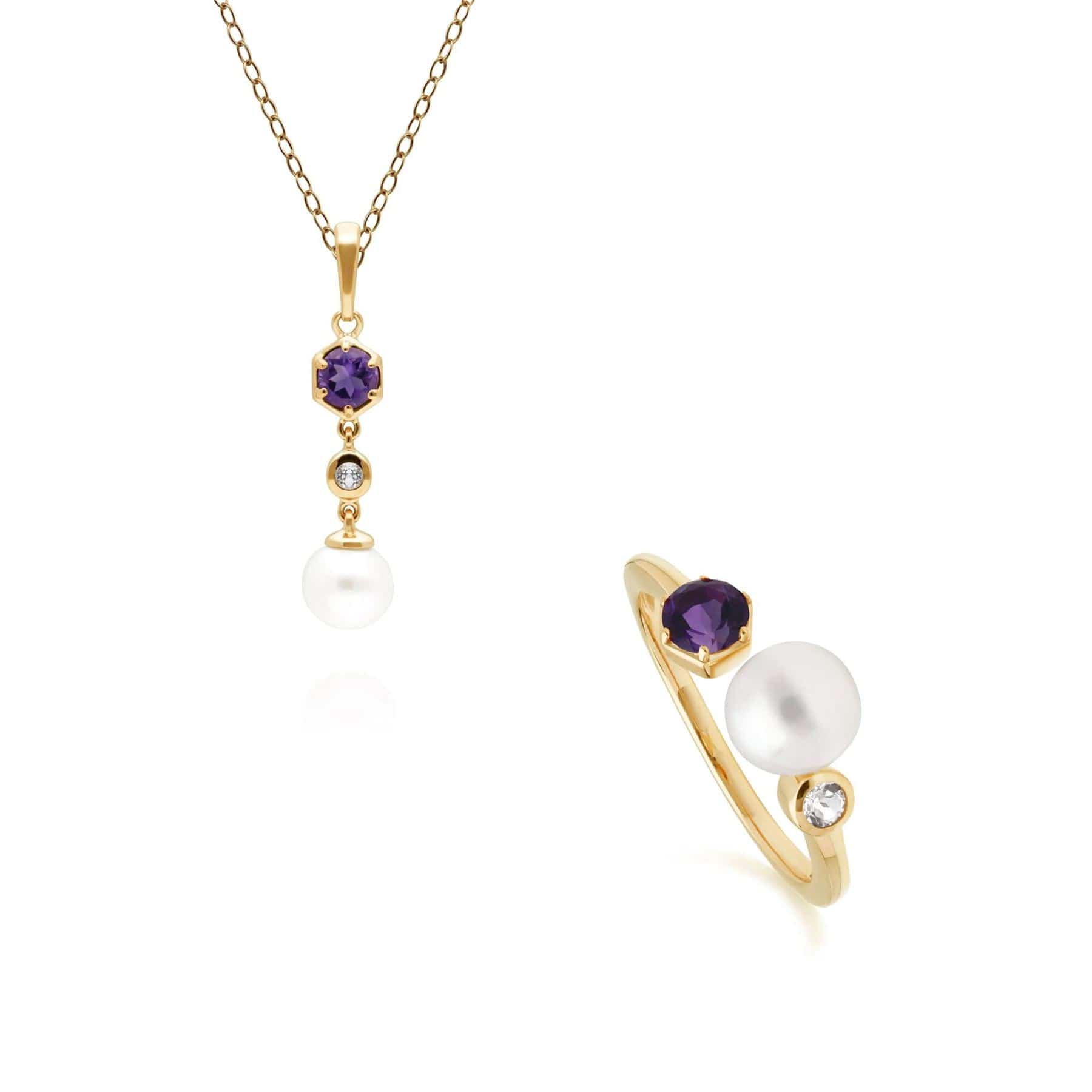 Modern Pearl, Topaz & Amethyst Pendant & Ring Set in Gold Plated Silver - Gemondo