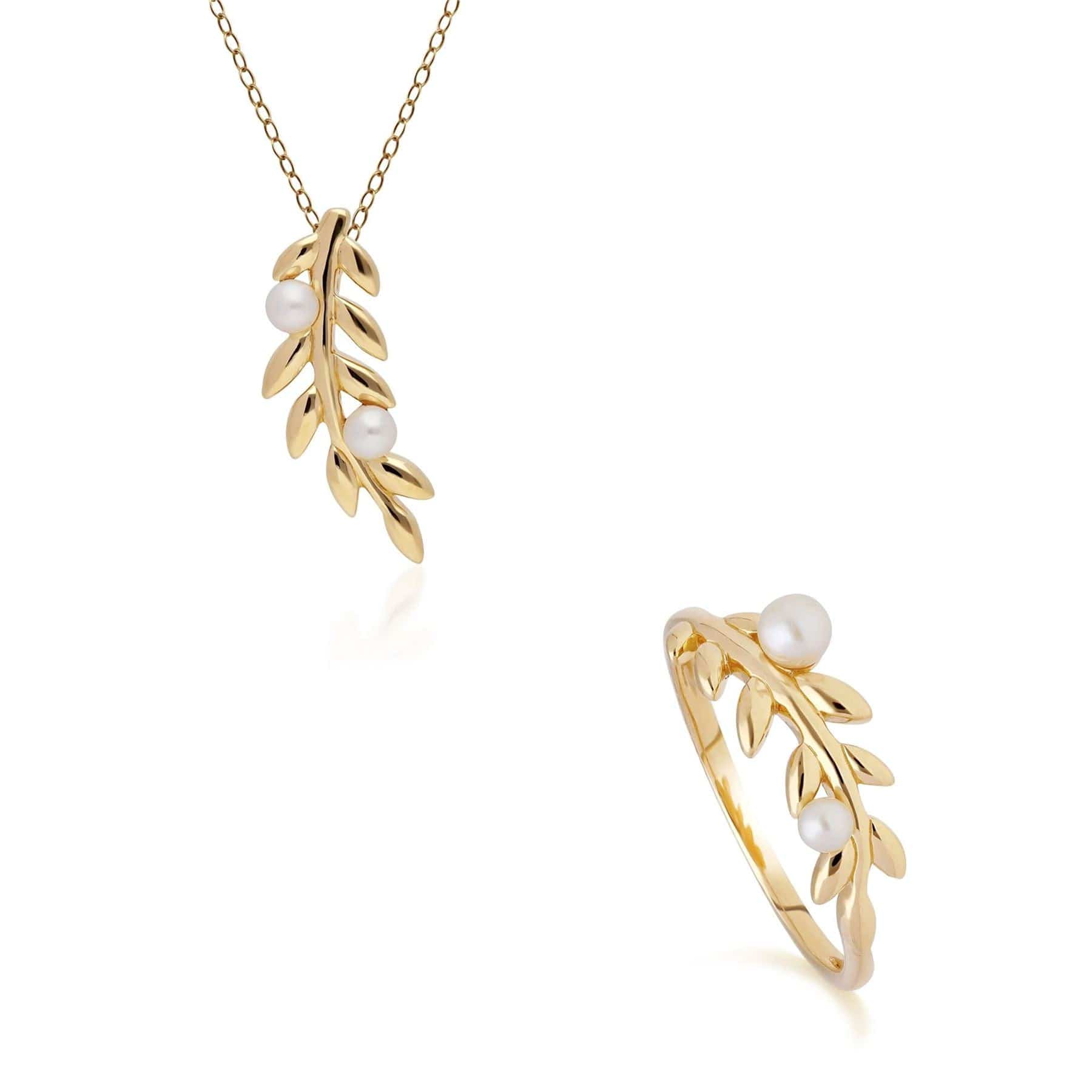 O Leaf Pearl Pendant & Ring Set in Gold Plated 925 Sterling Silver - Gemondo