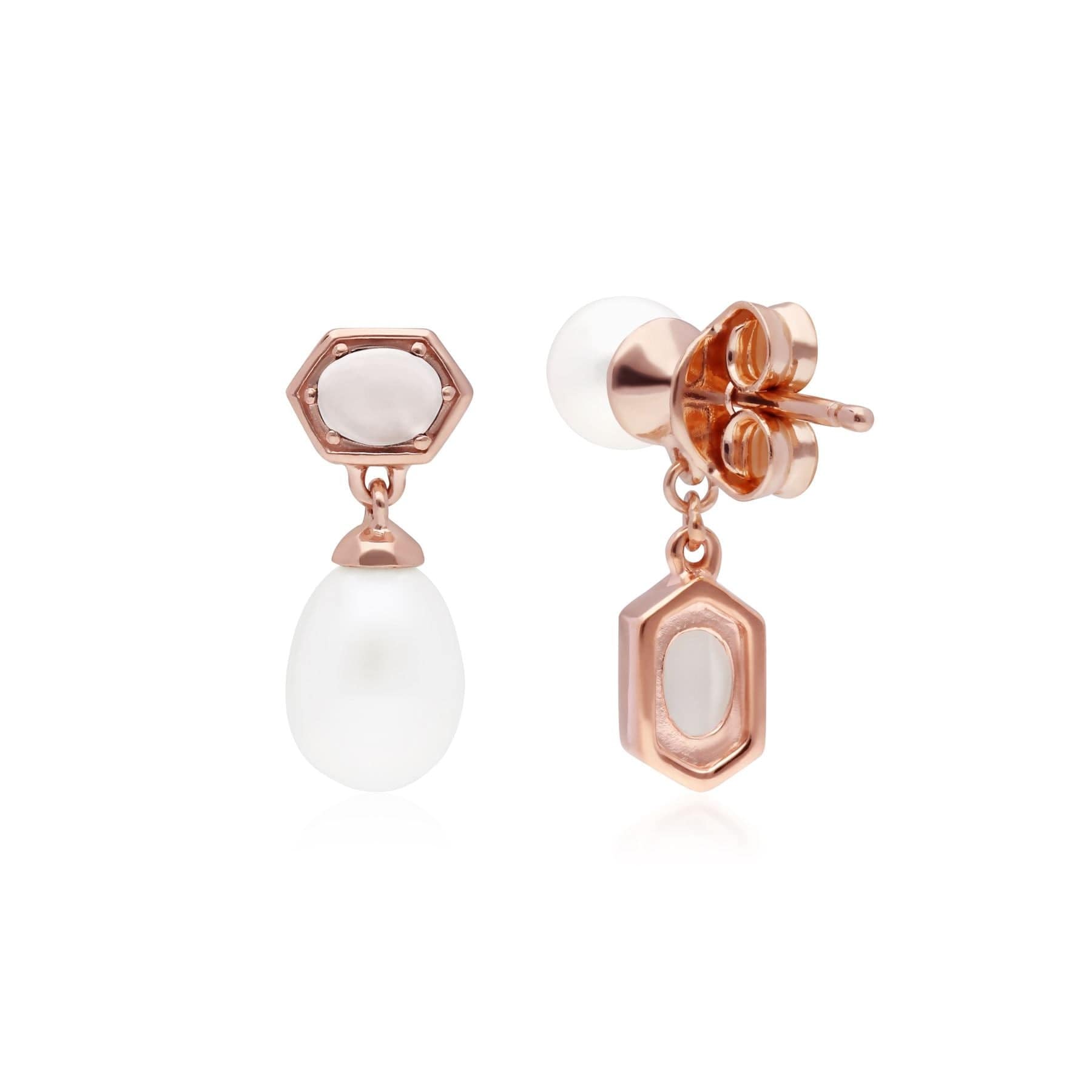 Modern Pearl & Moonstone Mismatched Drop Earrings in Rose Gold Plated Silver - Gemondo