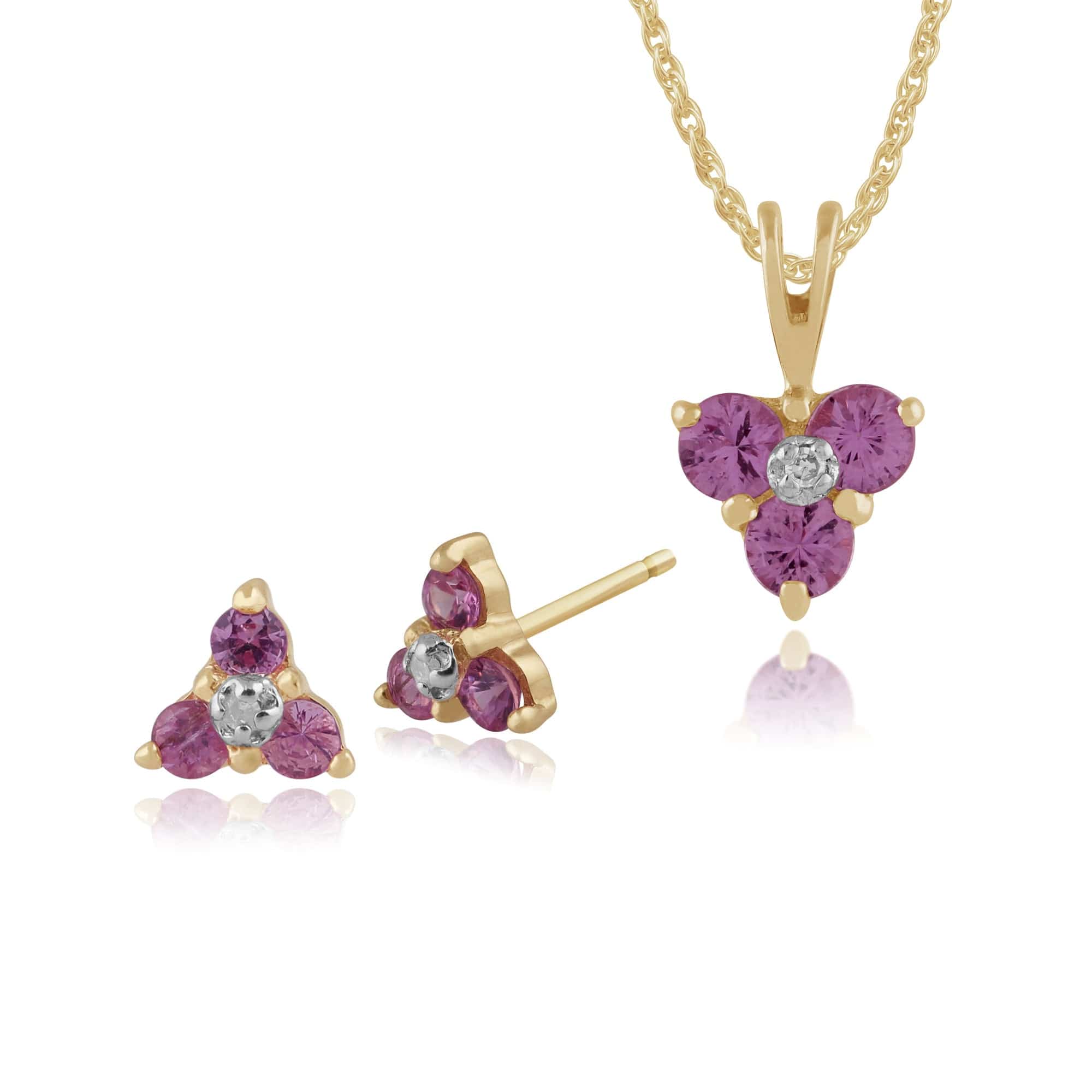 10164-16699 Floral Round Pink Sapphire & Diamond Flower Stud Earrings & Pendant Set in 9ct Yellow Gold 1