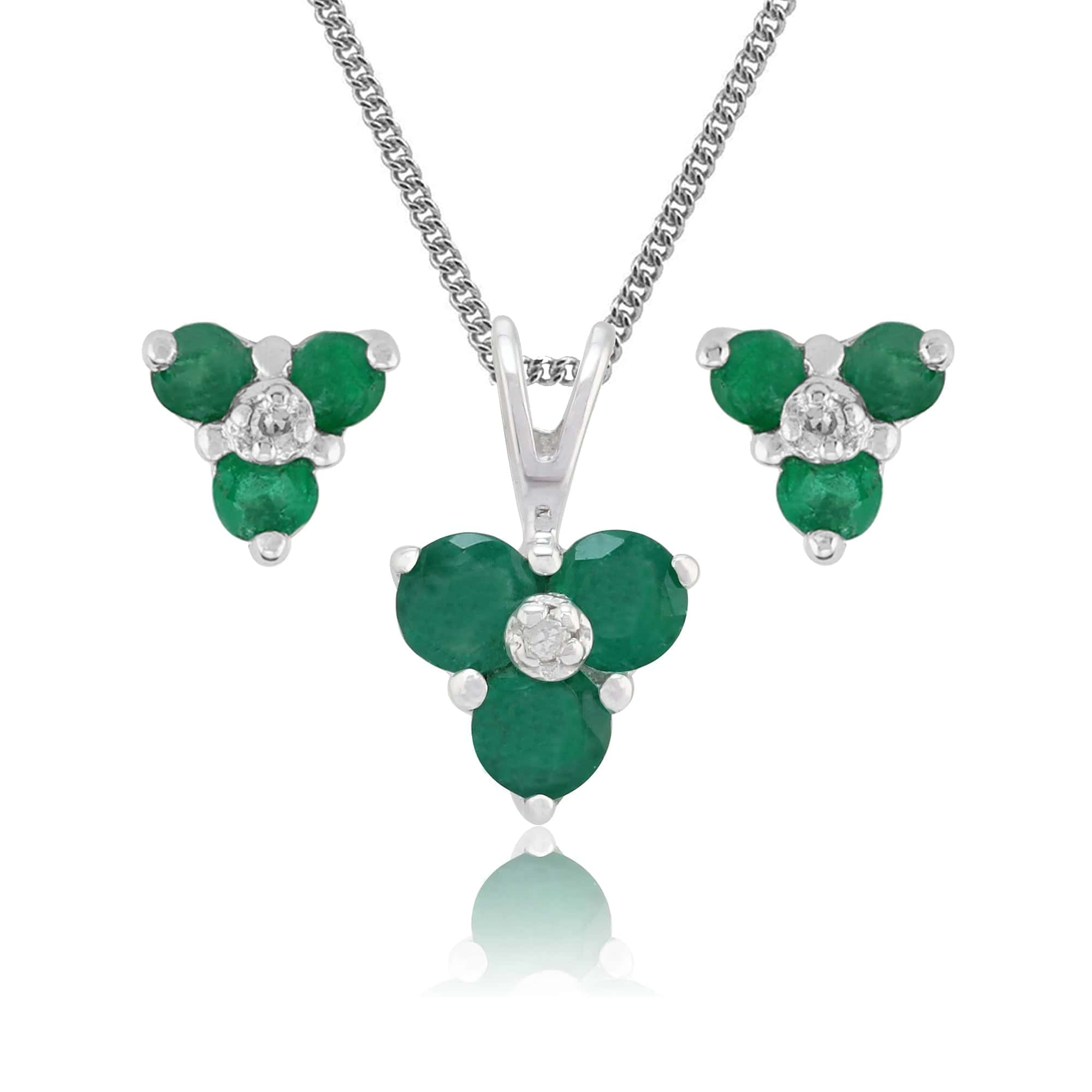 Floral Round Emerald & Diamond Stud Earrings & Pendant Set in 9ct White Gold - Gemondo