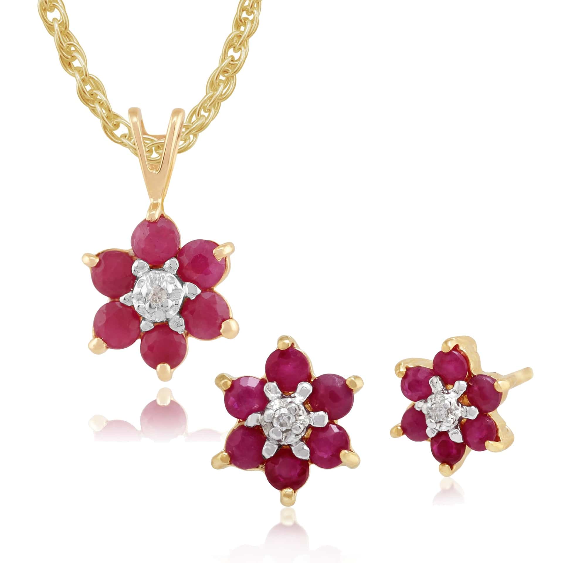 Floral Ruby & Diamond Cluster Stud Earrings & Pendant Set Image 1