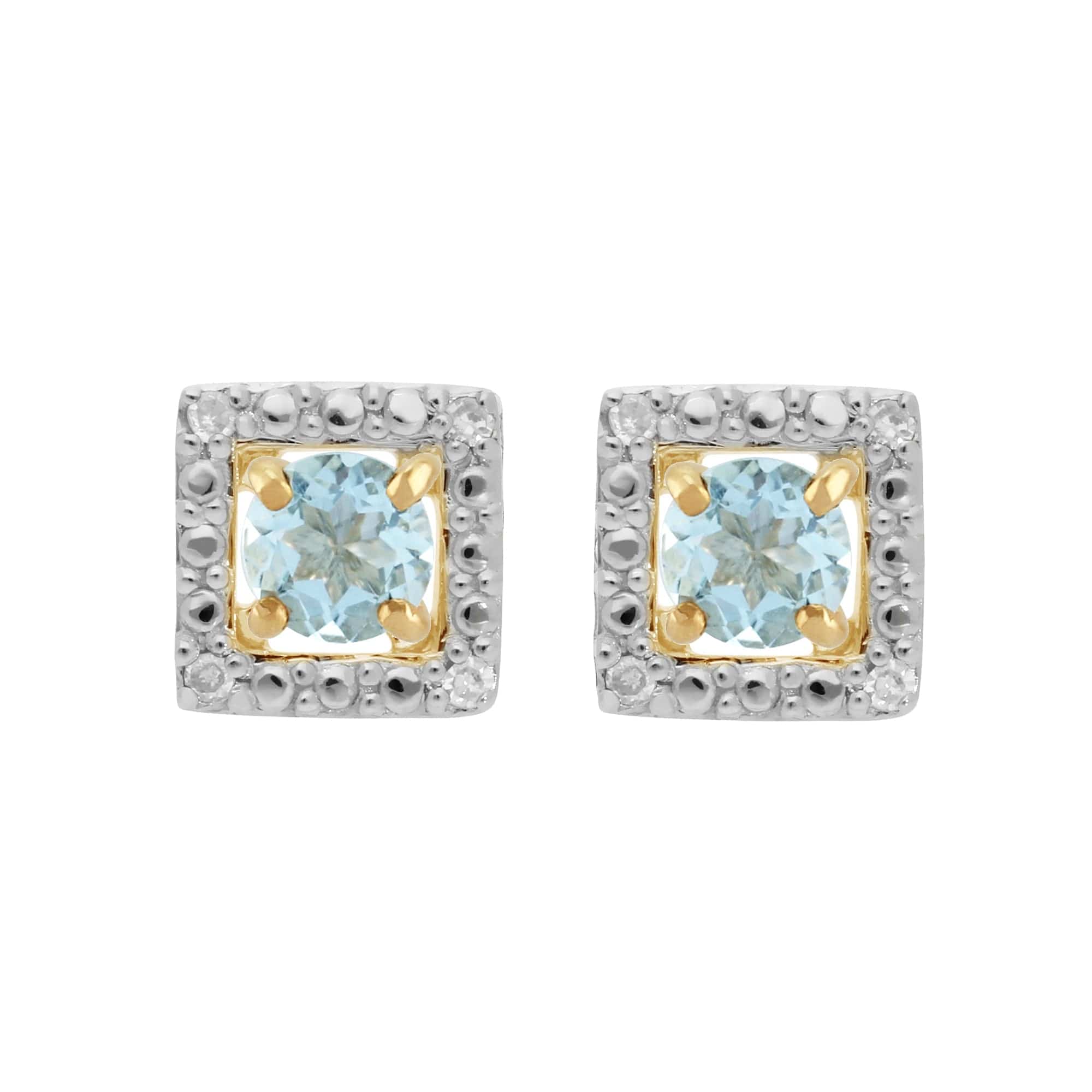 11567-191E0379019 Classic Round Aquamarine Stud Earrings with Detachable Diamond Square Earrings Jacket Set in 9ct Yellow Gold 1