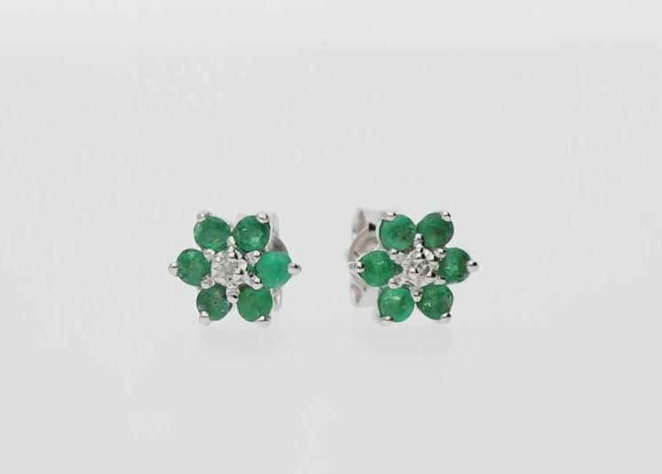 Classic Emerald & Diamond Floral Stud Earrings in 9ct White Gold - Gemondo
