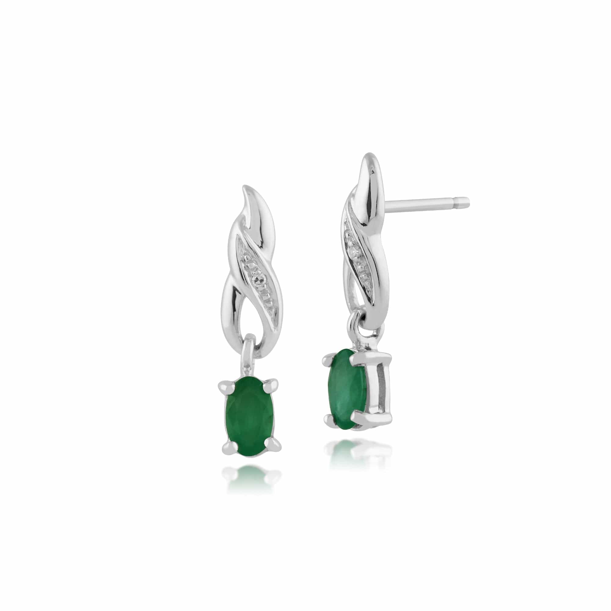 Classic Emerald & Diamond Swirl Drop Earrings in 9ct White Gold - Gemondo