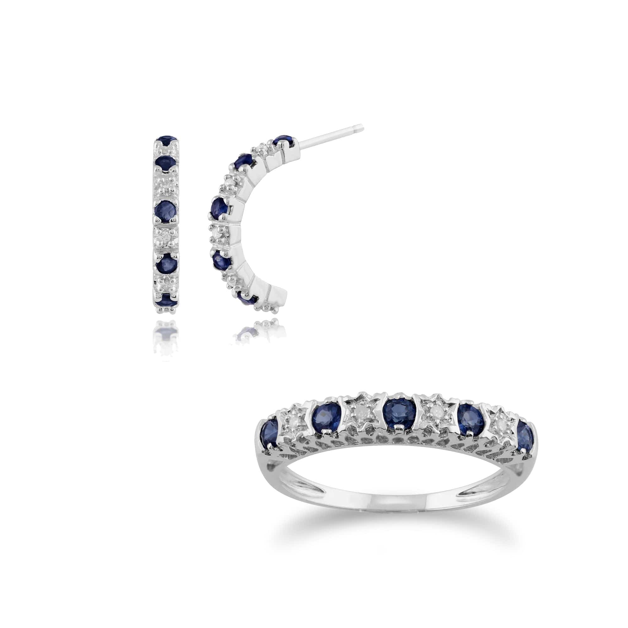 117E0112029-181R3122069 Classic Round Sapphire & Diamond Half Hoop Earrings & Half Eternity Ring Set in 9ct White Gold 1