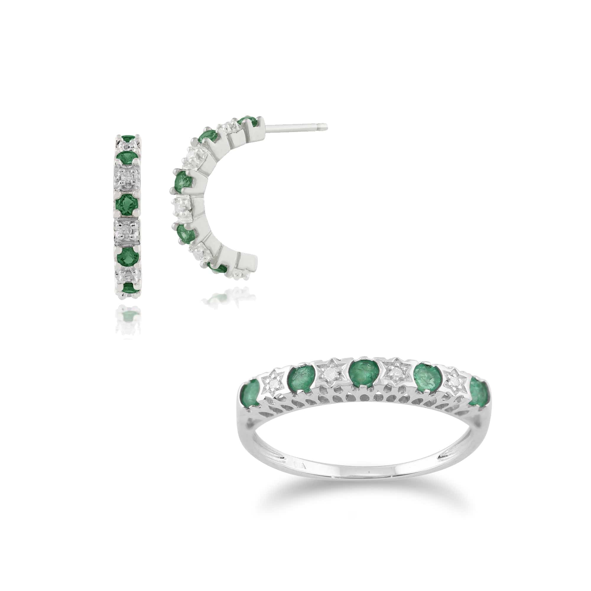 Classic Emerald & Diamond Eternity Ring and Hoop Earrings Set Image 1