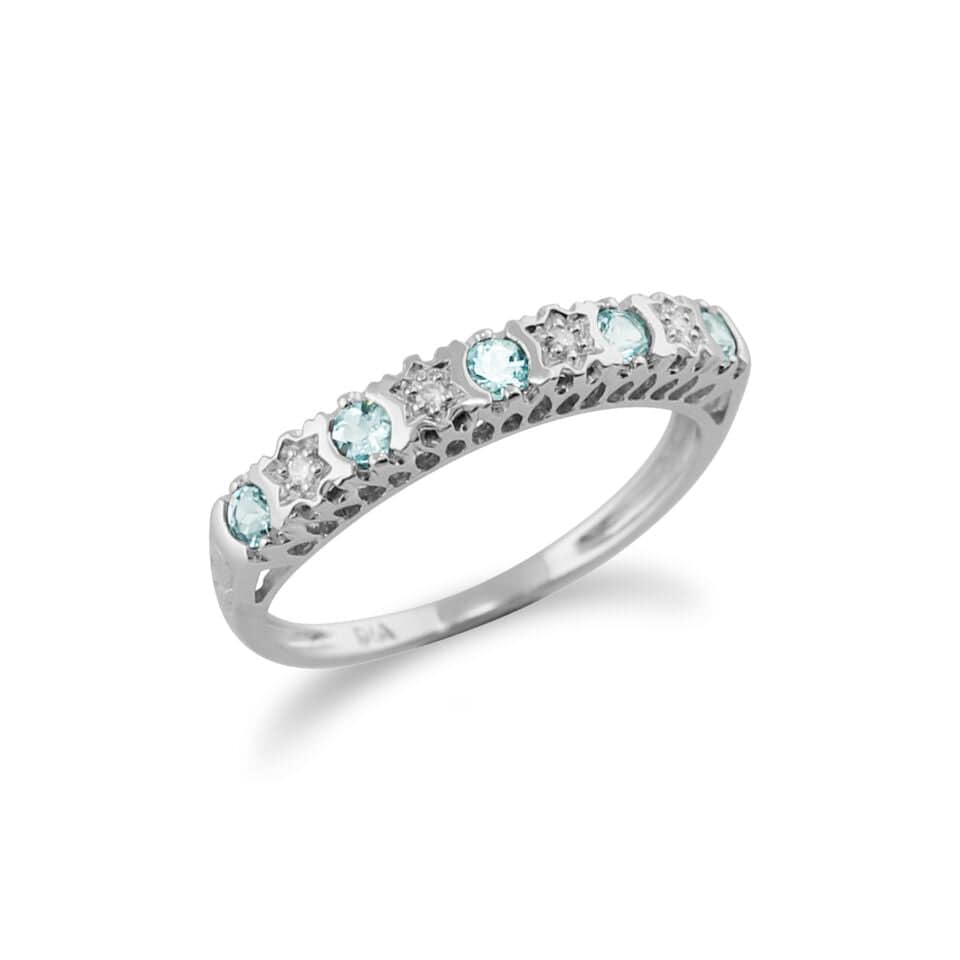 Classic Diamond & Aquamarine Half Eternity Ring In 9ct White Gold - Gemondo