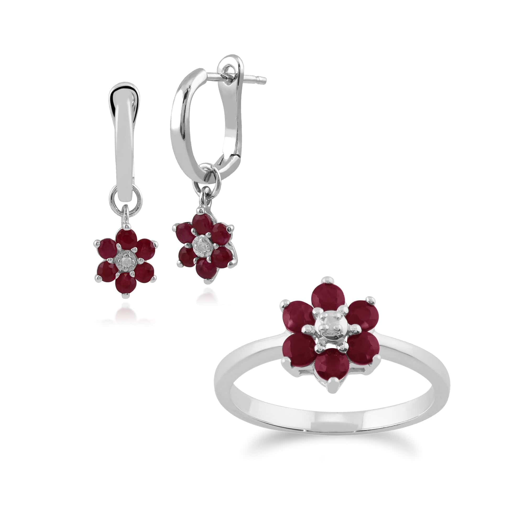 162E0239029-117R0051029 Floral Round Ruby & Diamond Flower Drop Earrings & Ring Set in 9ct White Gold 1
