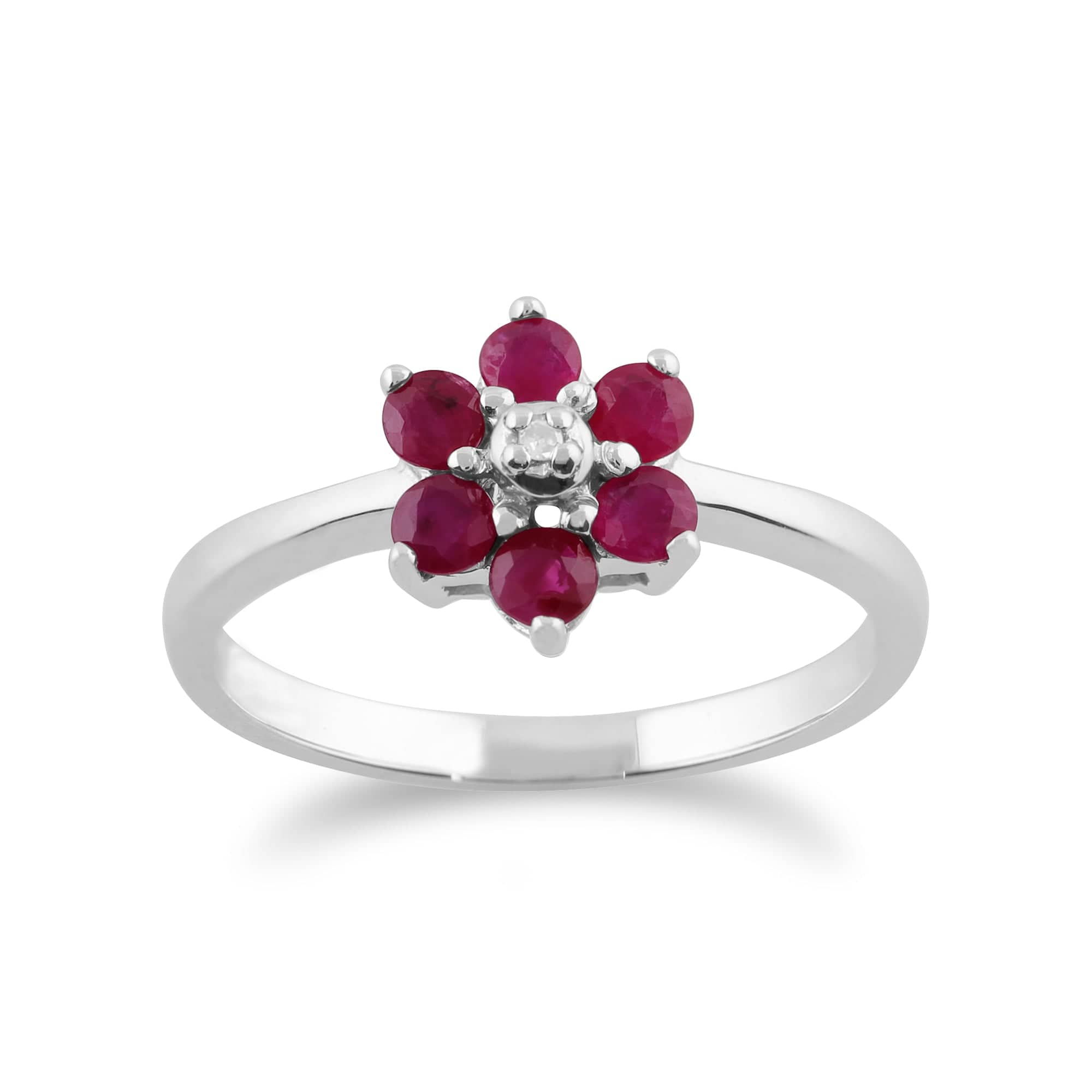 Floral Round Ruby & Diamond Flower Drop Earrings & Ring Set in 9ct White Gold - Gemondo