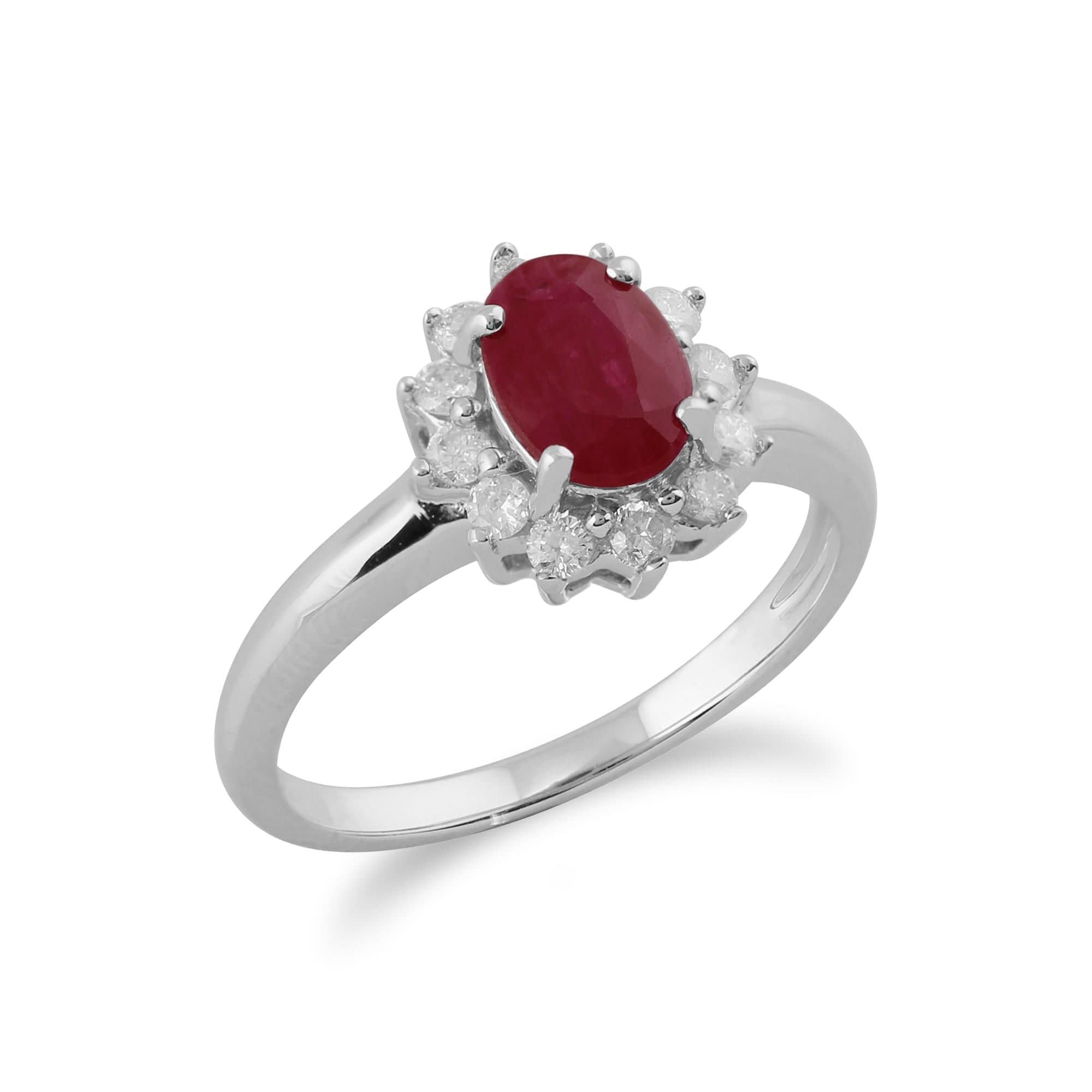 Classic Oval Ruby & Diamond Cluster Ring in 9ct White Gold - Gemondo