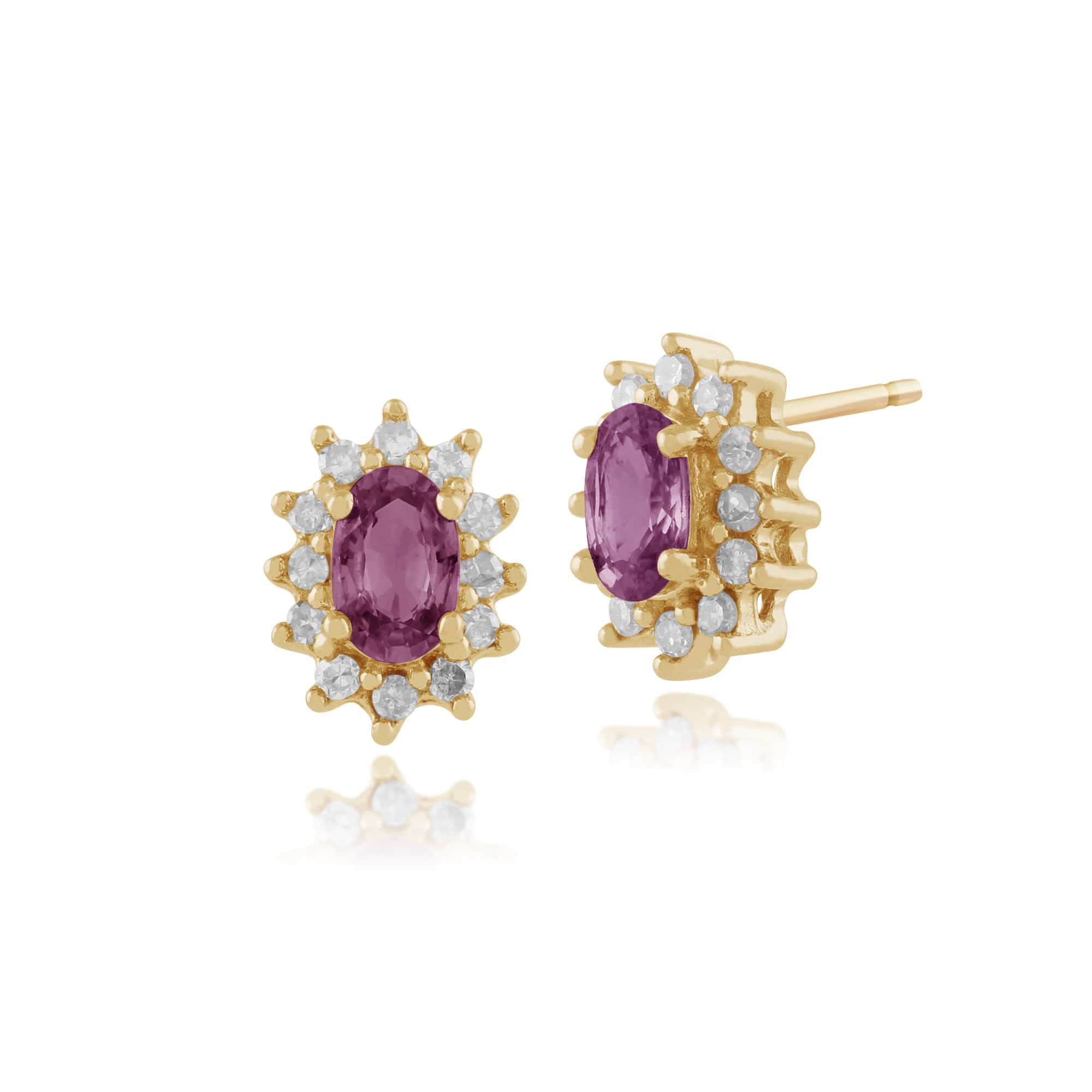 Classic Oval Pink Sapphire & Diamond Cluster Stud Earrings in 9ct Yellow Gold