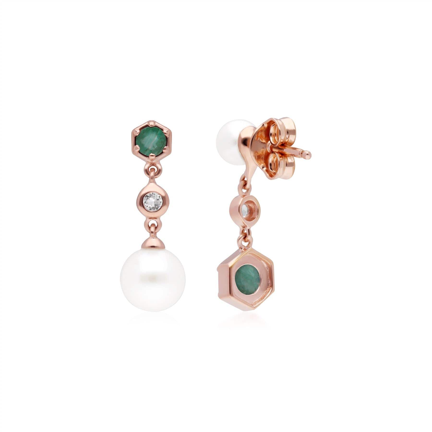 Modern Pearl, Emerald & Topaz Mismatched Drop Earrings in Rose Gold Plated Sterling Silver 1