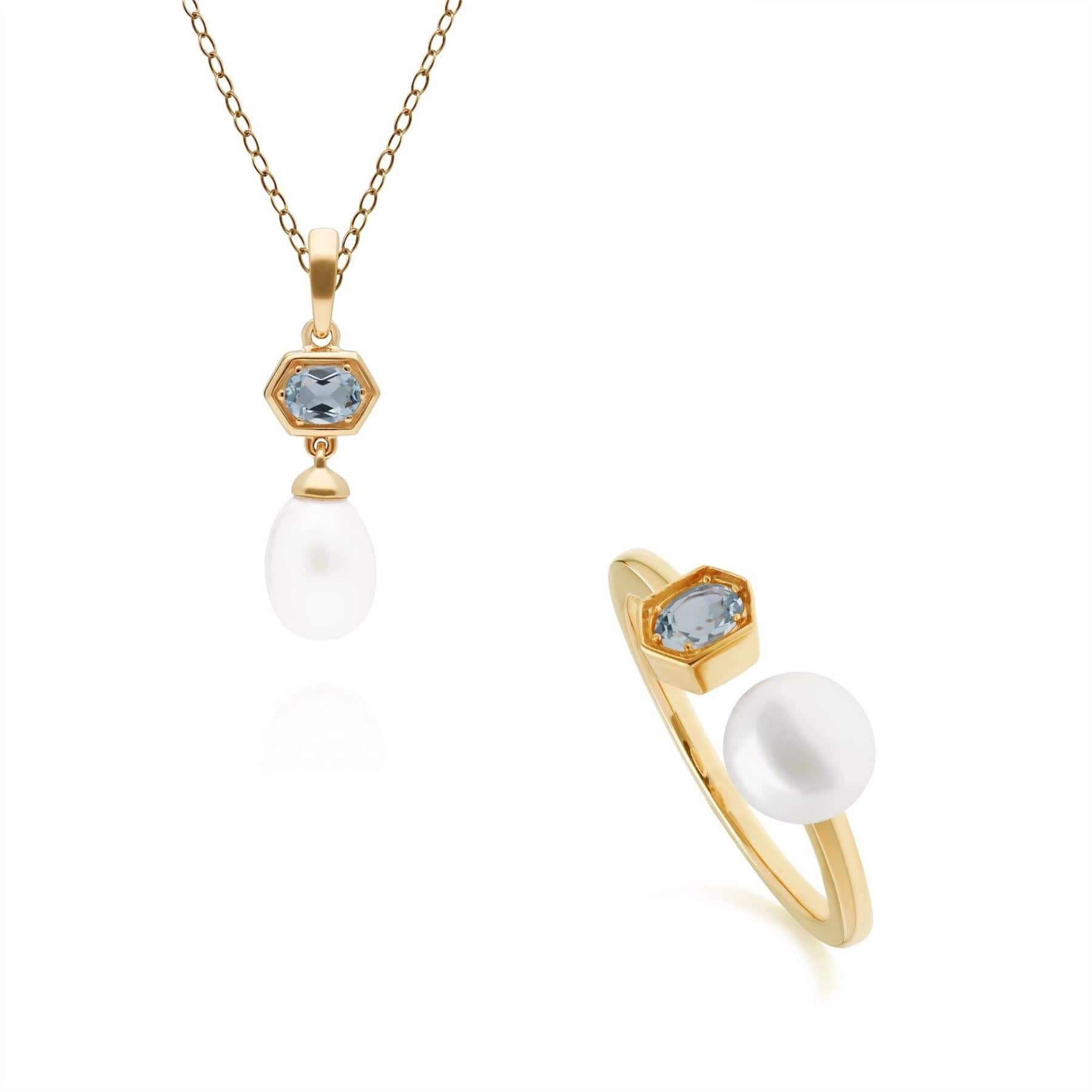270P030205925-270R058706925 Modern Pearl & Blue Topaz Pendant & Ring Set in Gold Plated Silver 1
