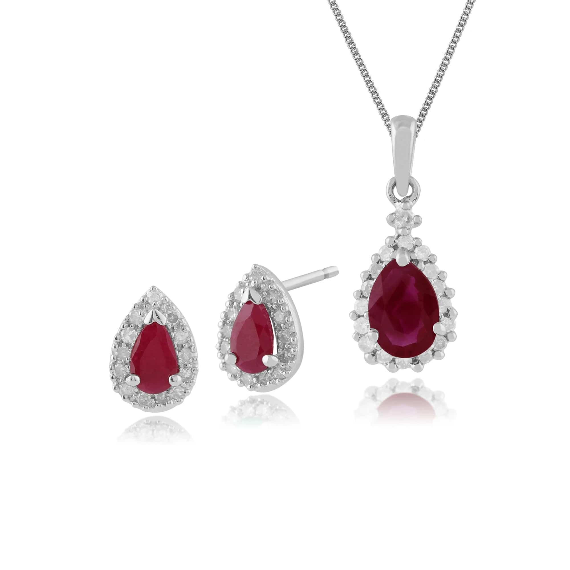 Classic Pear Ruby & Diamond Halo Stud Earrings & Pendant Set in 9ct White Gold - Gemondo