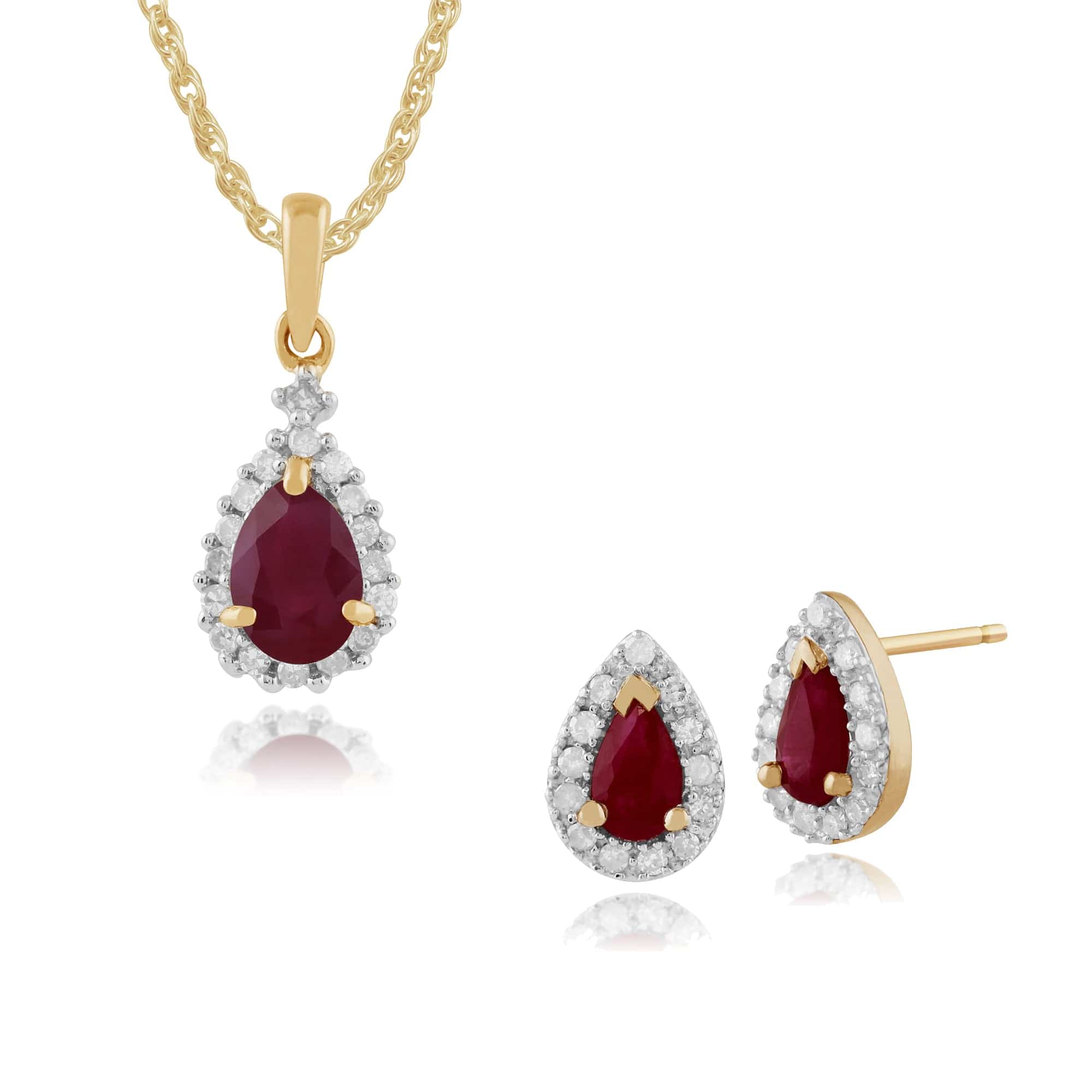 24232-135P1404029 Classic Pear Ruby & Diamond Halo Stud Earrings & Pendant Set in 9ct Yellow Gold 1
