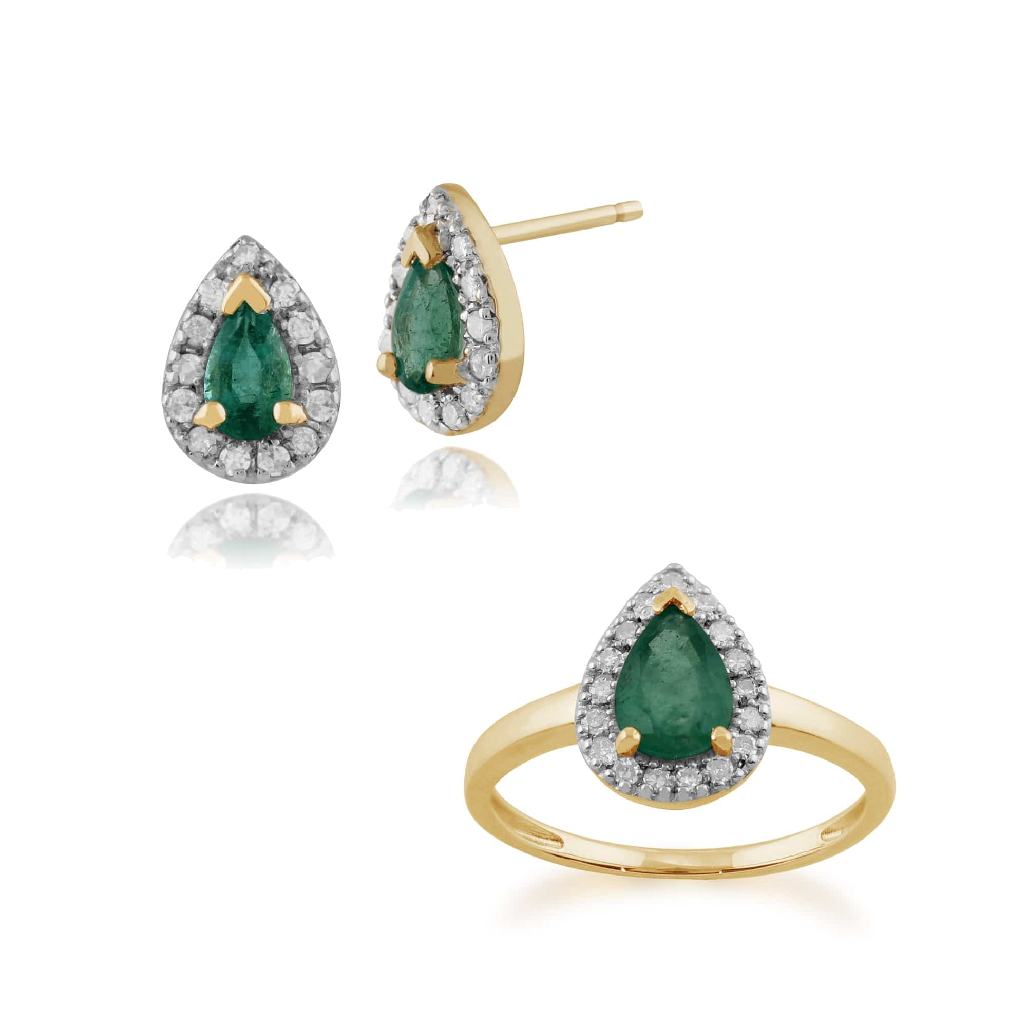 24240-123R0457209 Classic Pear Emerald & Diamond Halo Stud Earrings & Ring Set in 9ct Yellow Gold 1