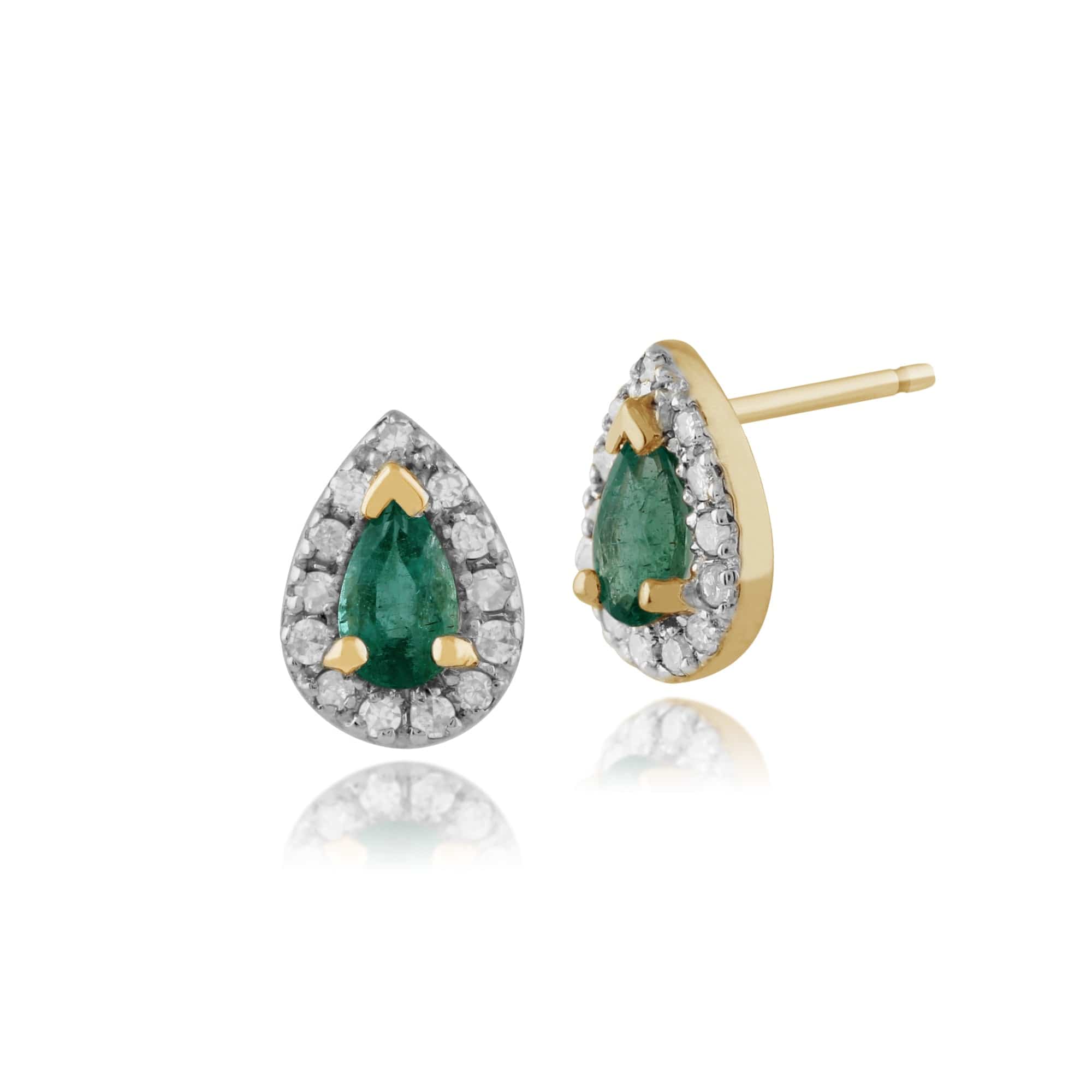Classic Pear Emerald & Diamond Cluster Stud Earrings in 9ct Yellow Gold - Gemondo