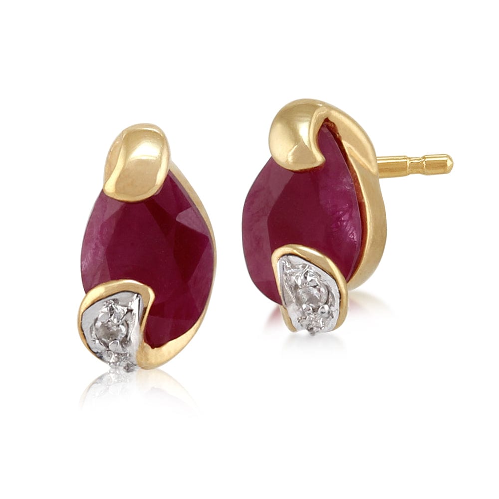 Art Nouveau Style Ruby & Diamond Stud Earrings in 9ct Yellow gold - Gemondo