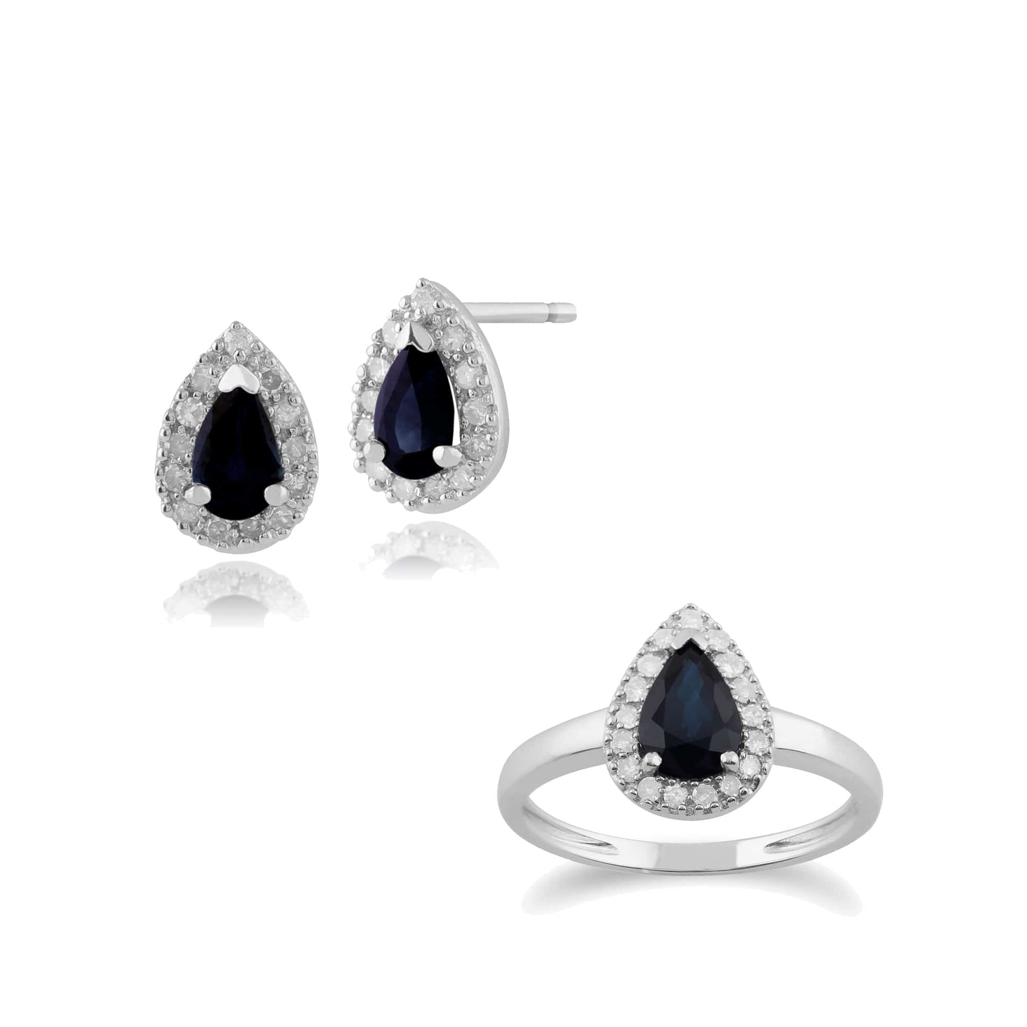 123E0693019-117R0164039 Classic Pear Sapphire & Diamond Halo Stud Earrings & Ring Set in 9ct White Gold 1