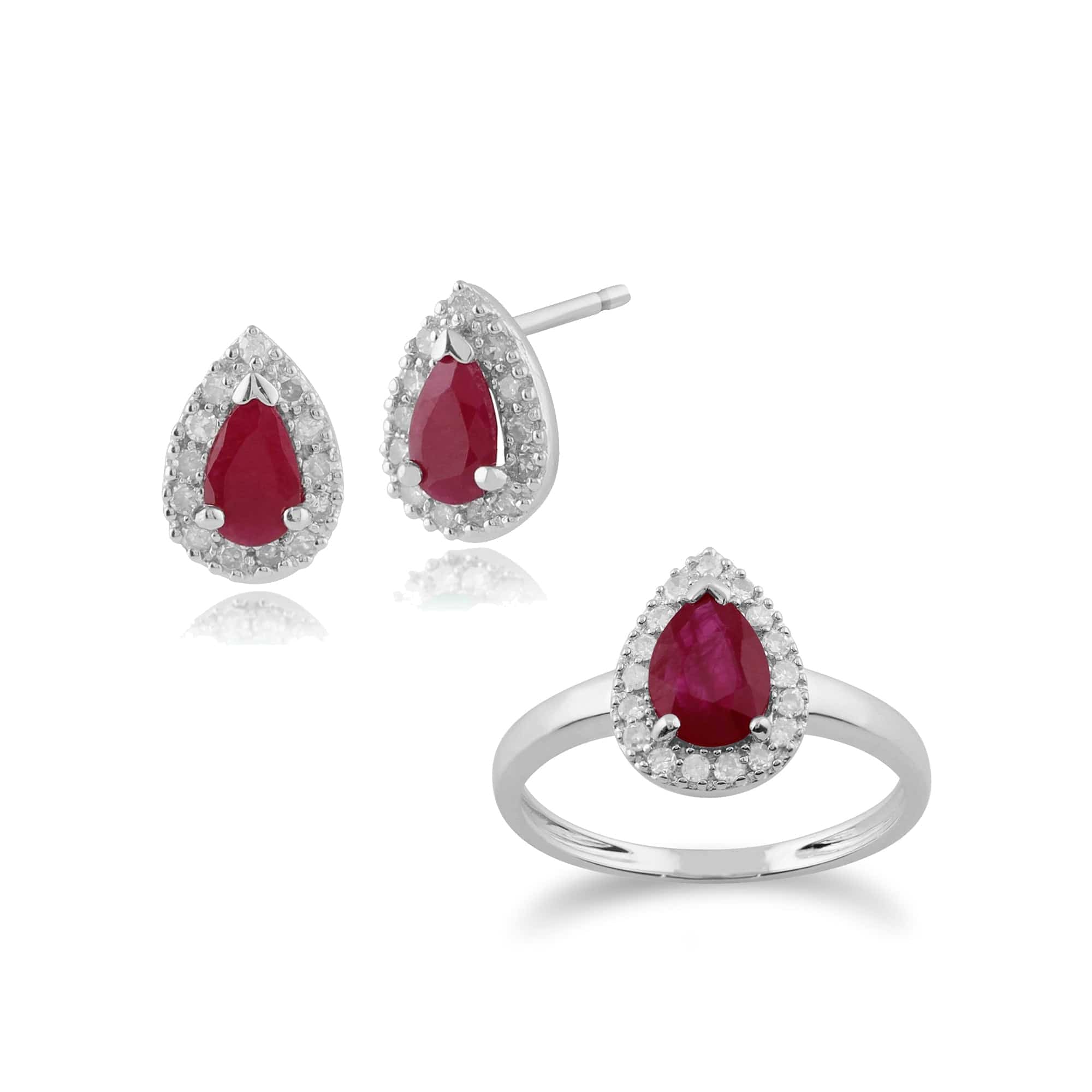 123E0693029-117R0164029 Classic Pear Ruby & Diamond Halo Stud Earrings & Ring Set in 9ct White Gold 1