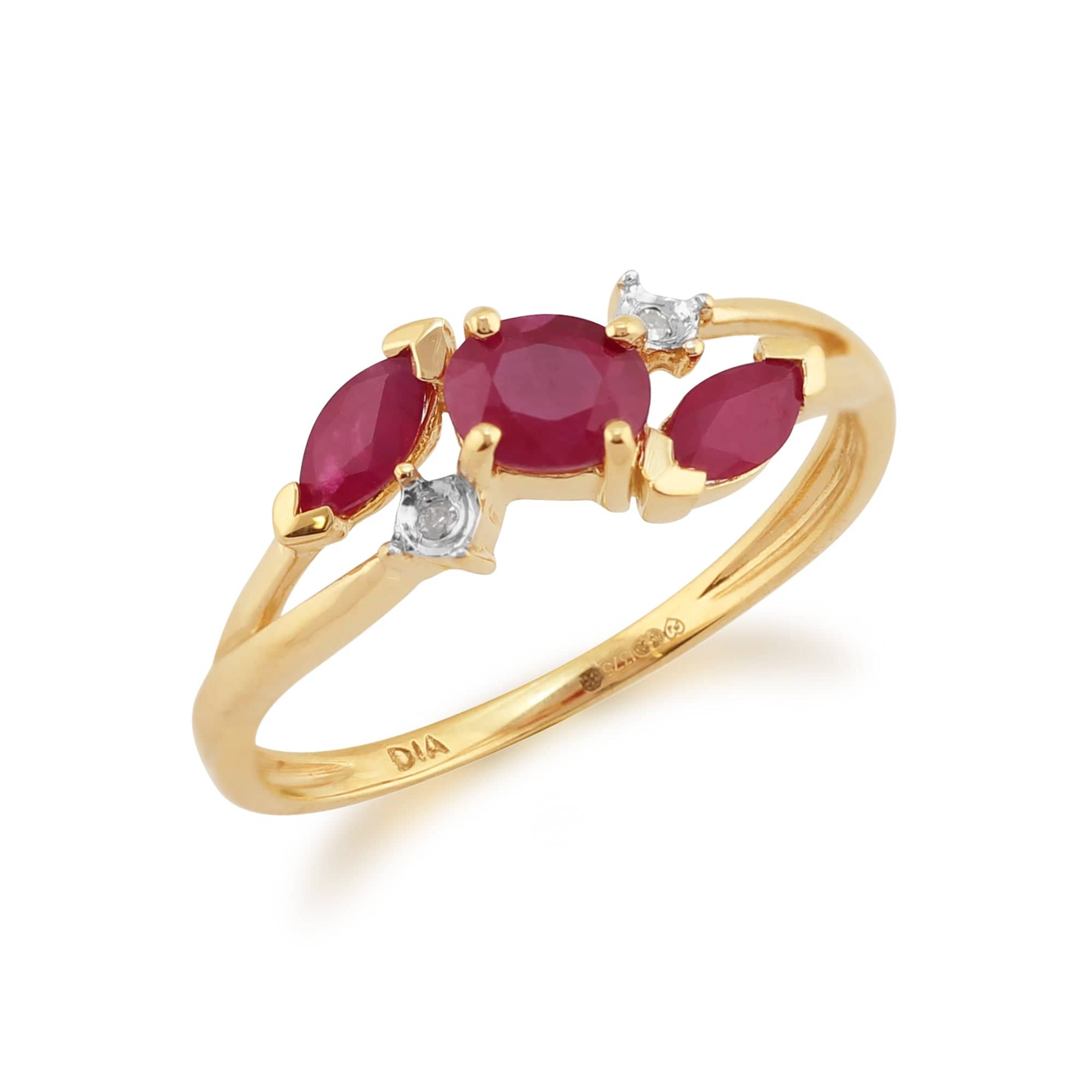 Contemporary Marquise Ruby & Diamond Three Stone Ring in 9ct Yellow Gold