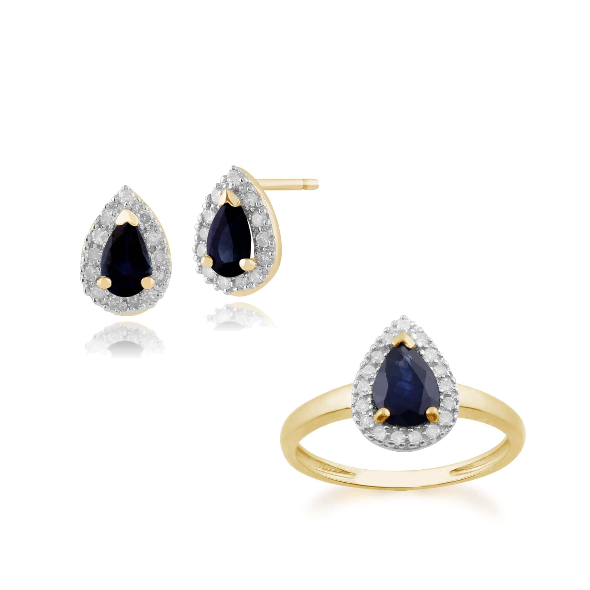 24219-22616 Classic Pear Sapphire & Diamond Halo Stud Earrings & Ring Set in 9ct Yellow Gold 1