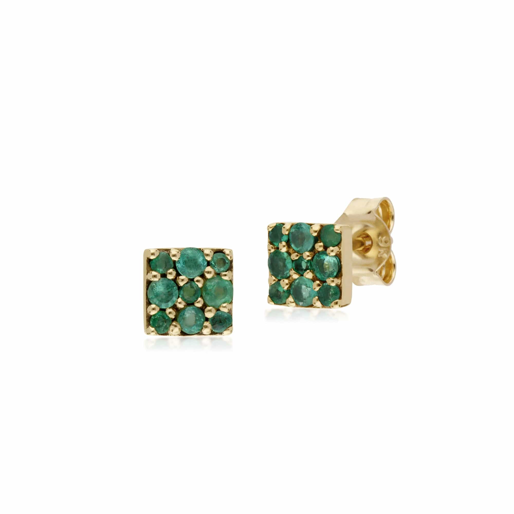 Classic Emerald Cluster Square Stud Earrings in 9ct Yellow Gold - Gemondo