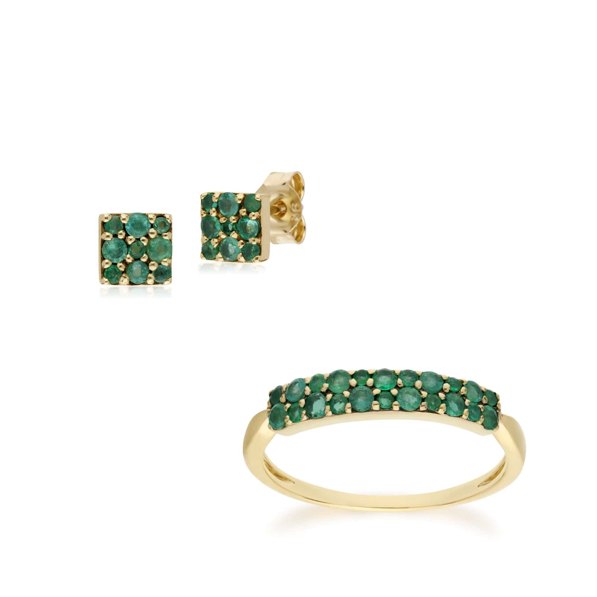 132E2573039-132R8081039 Classic Round Emerald Cluster Panel Stud Earrings & Ring Set in 9ct Yellow Gold 1