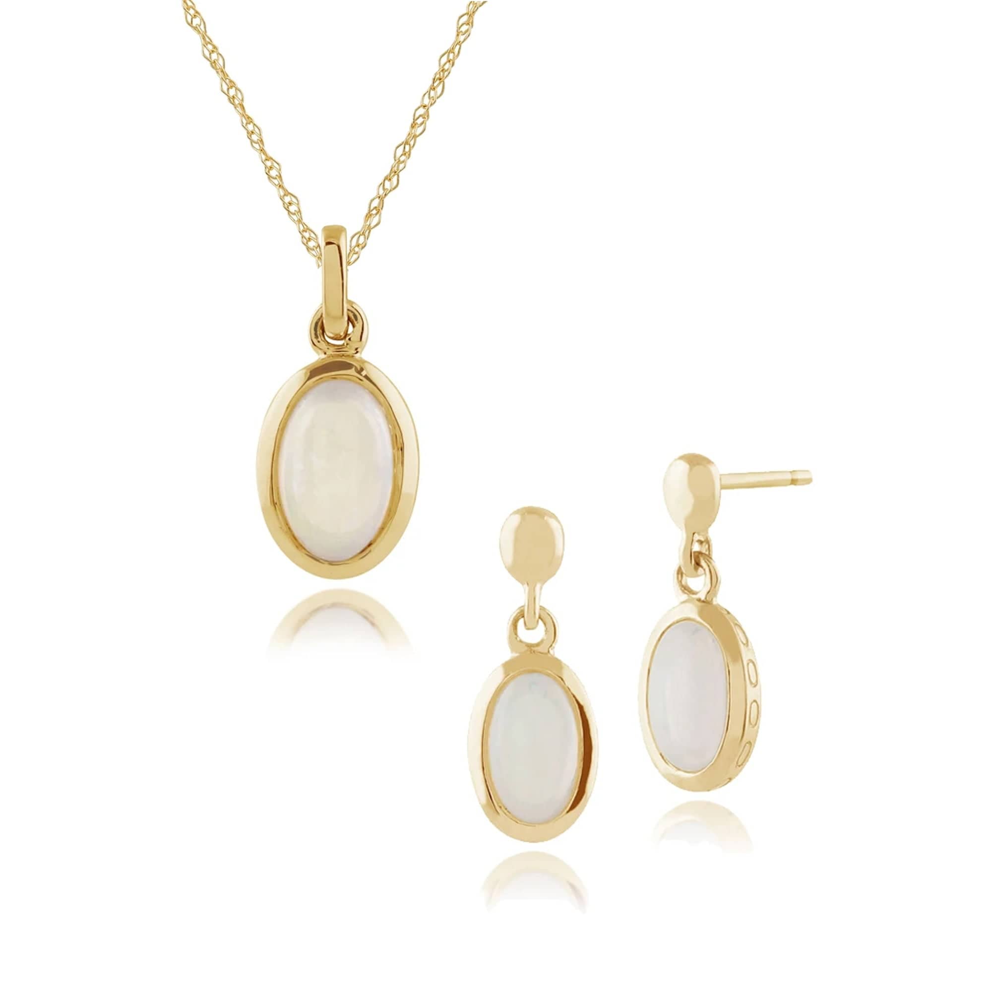 Classic Oval Opal Single Stone Bezel Drop Earrings & Pendant Set in 9ct Yellow Gold - Gemondo