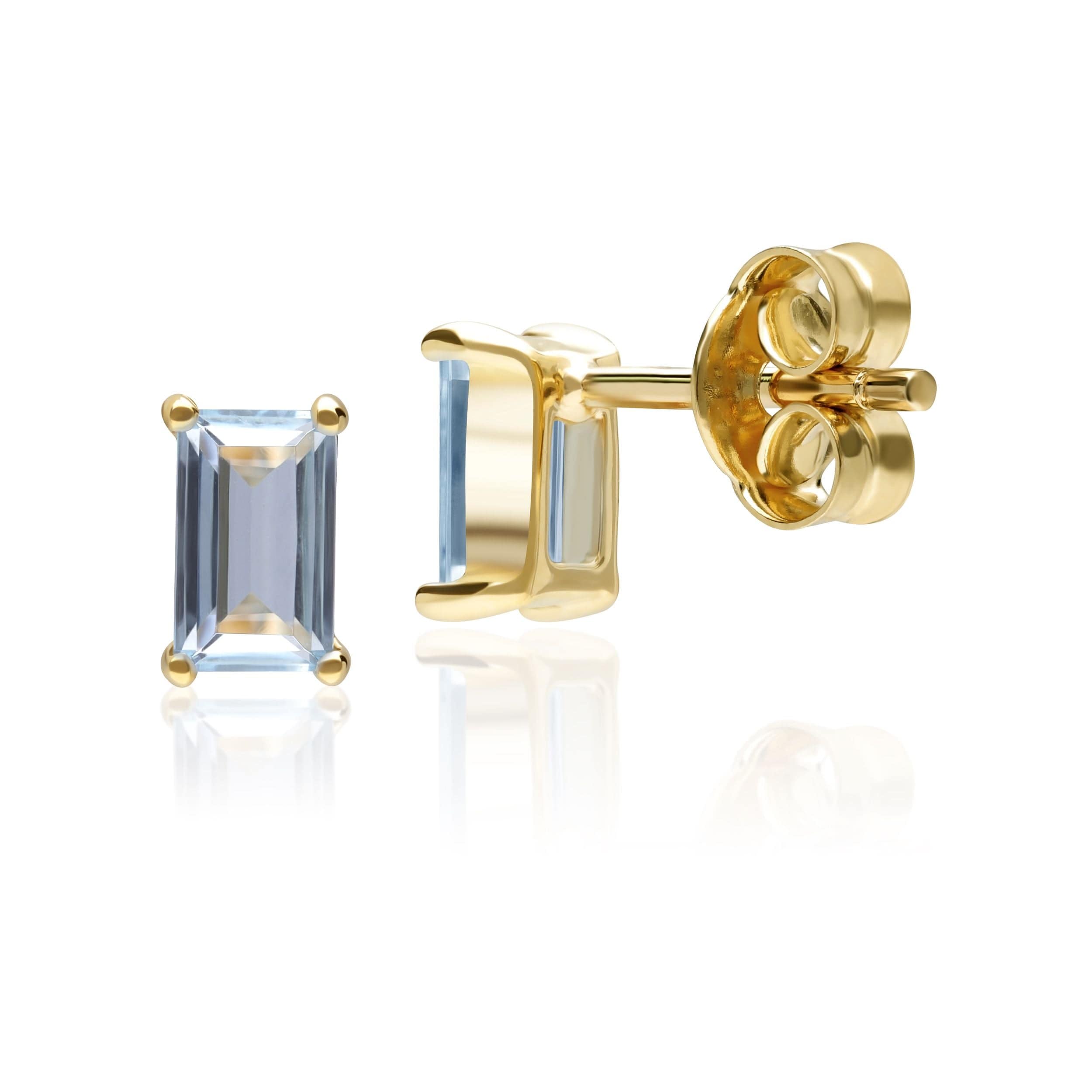 135E1524029 Classic Baguette Blue Topaz Claw Set Stud Earrings in 9ct Yellow Gold 3