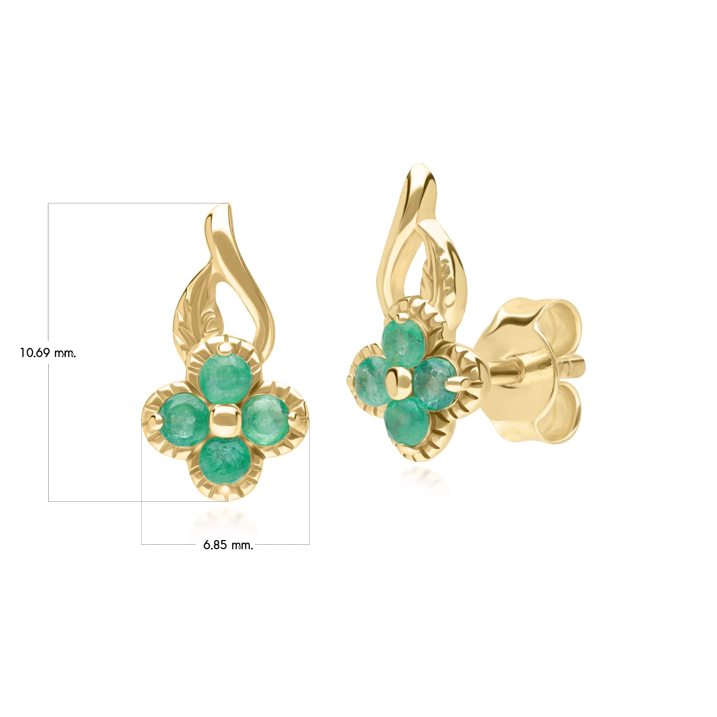 Floral Round Emerald Stud Earrings in 9ct Yellow Gold
