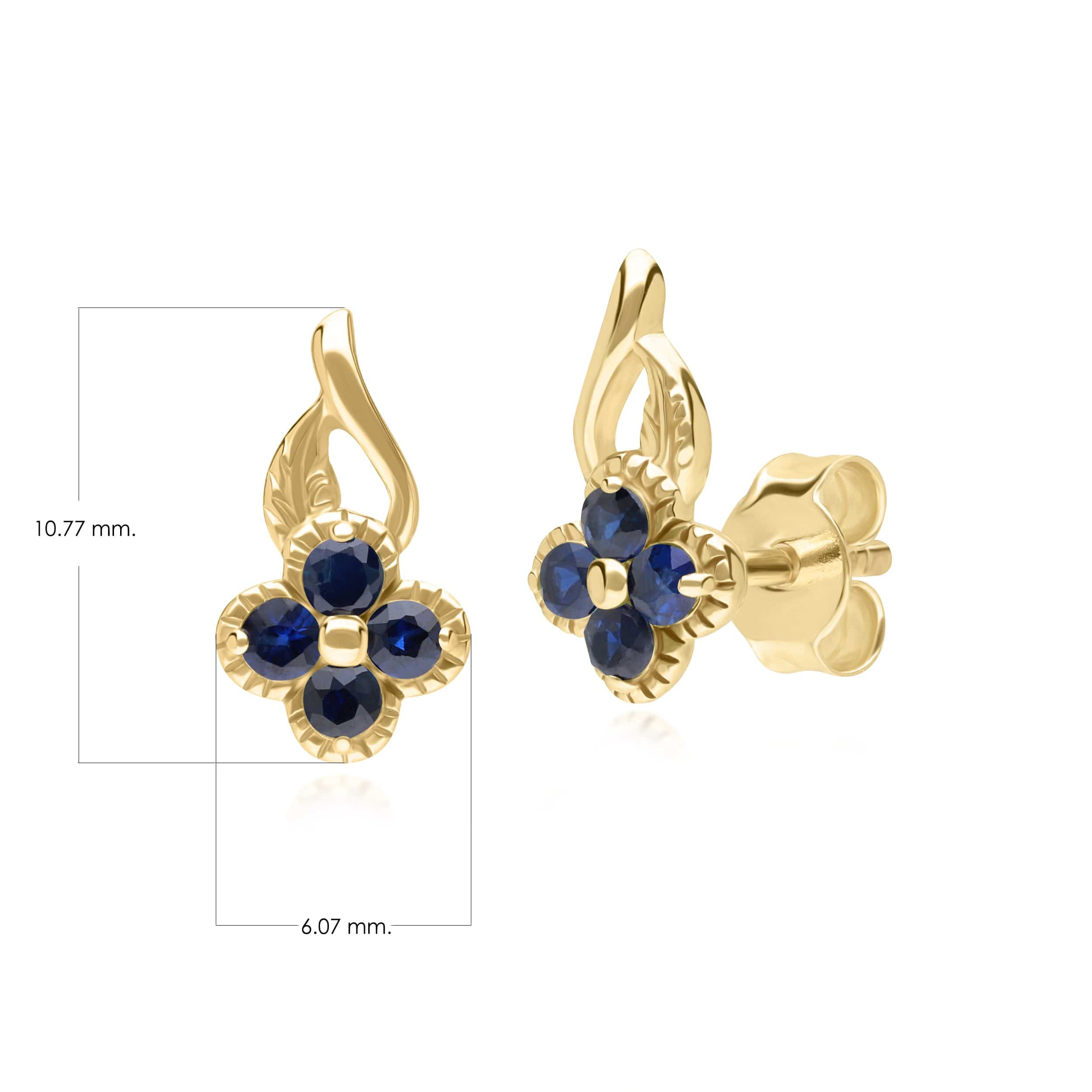 135E1812029 Floral Round Sapphire Stud Earrings in 9ct Yellow Gold 4
