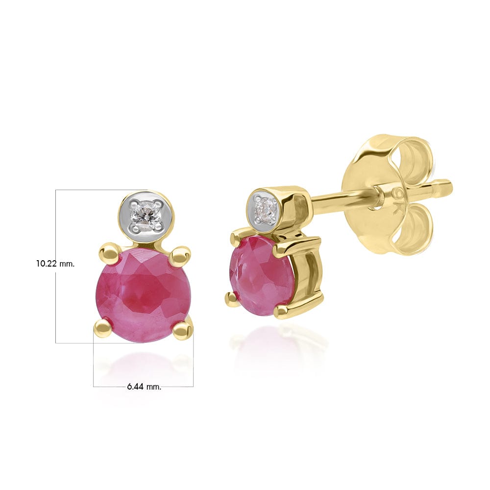 Micro Statement Round Ruby & Diamond Stud Earrings in 9ct Yellow Gold