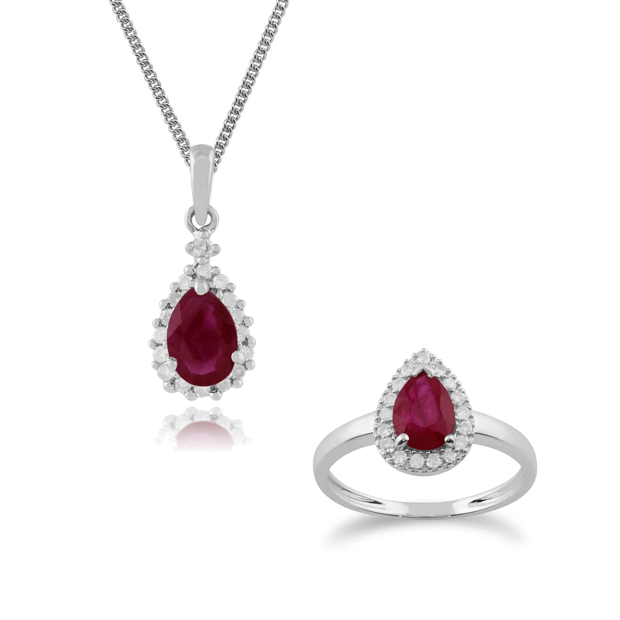 135P0565069-117R0164029 Classic Pear Ruby & Diamond Halo Pendant & Ring Set in 9ct Yellow Gold 1