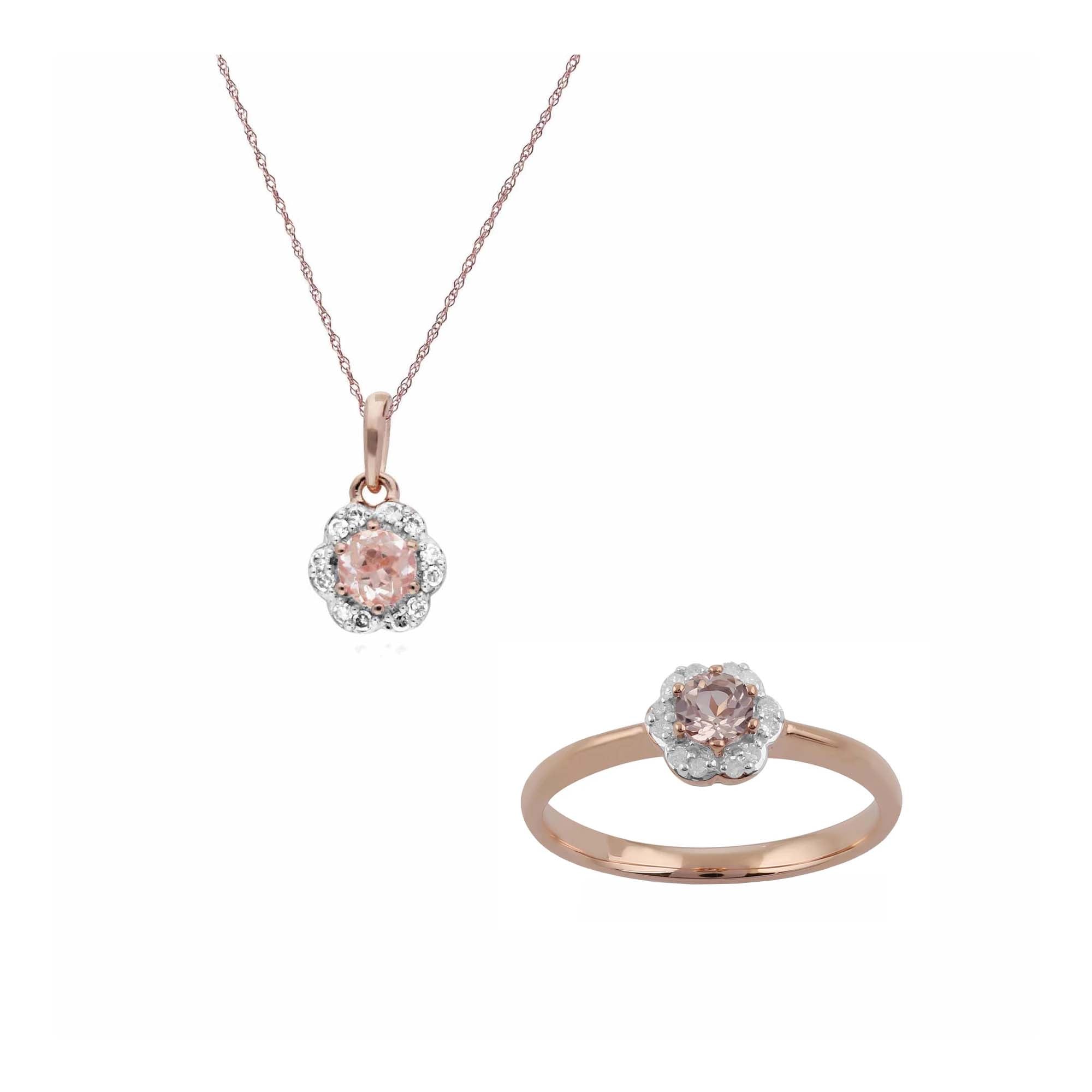 135P1649019-135R1427019 Floral Round Morganite & Diamond Pendant & Ring Set in 9ct Rose Gold 1
