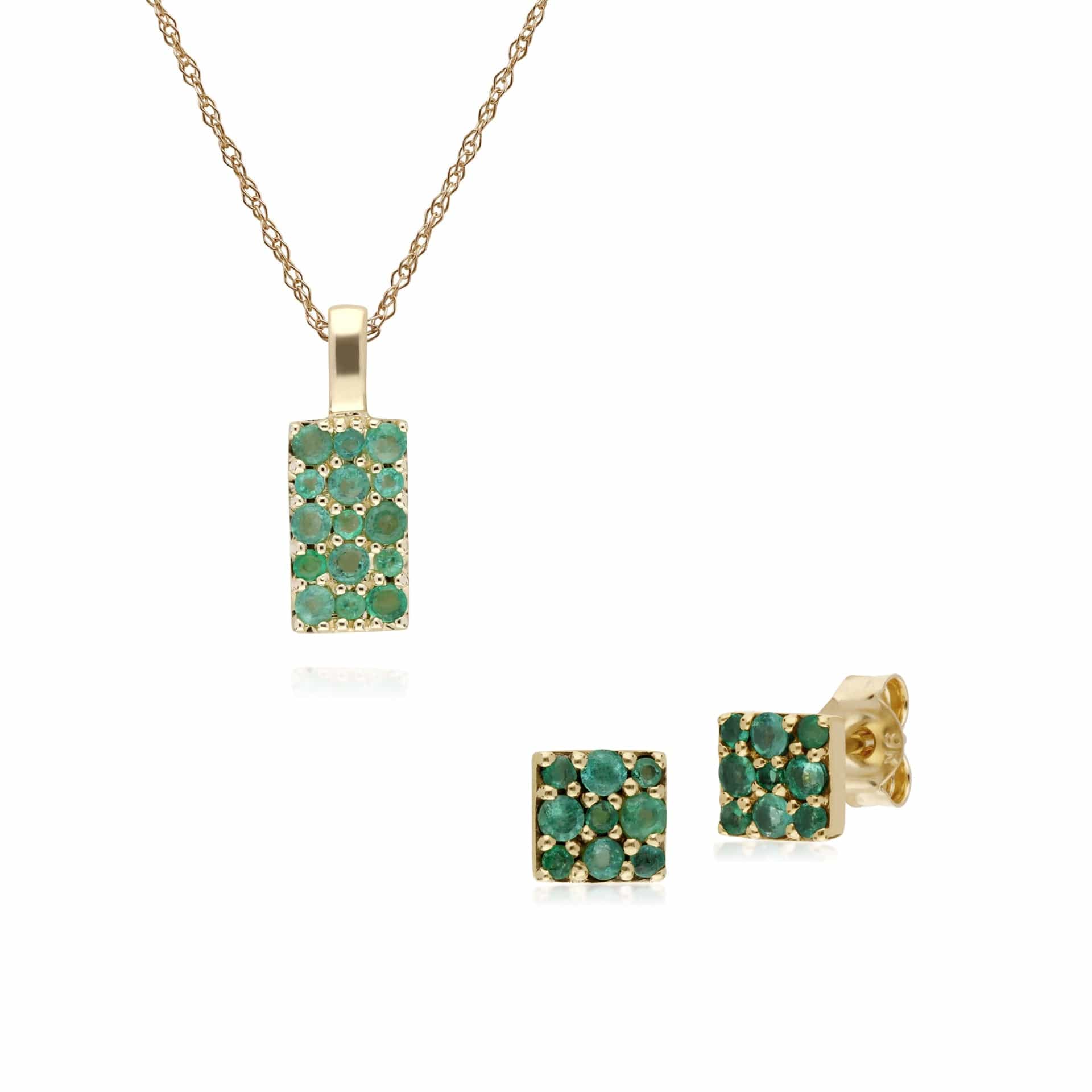 132E2573039-135P1919039 Classic Round Emerald Cluster Panel Stud Earrings & Pendant Set in 9ct Yellow Gold 1