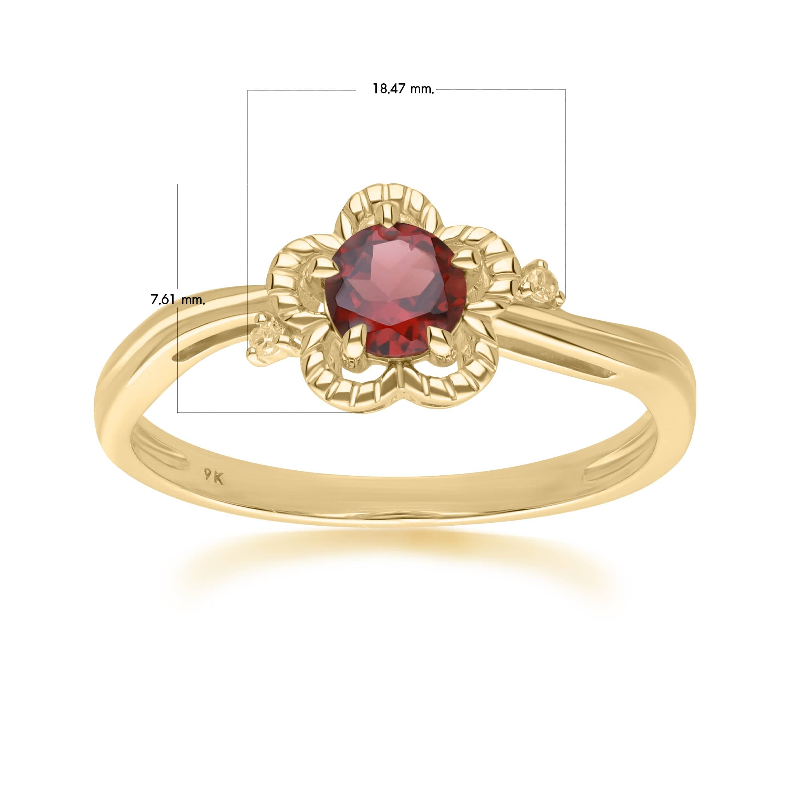 Floral Round Garnet & Diamond Ring in 9ct Yellow Gold