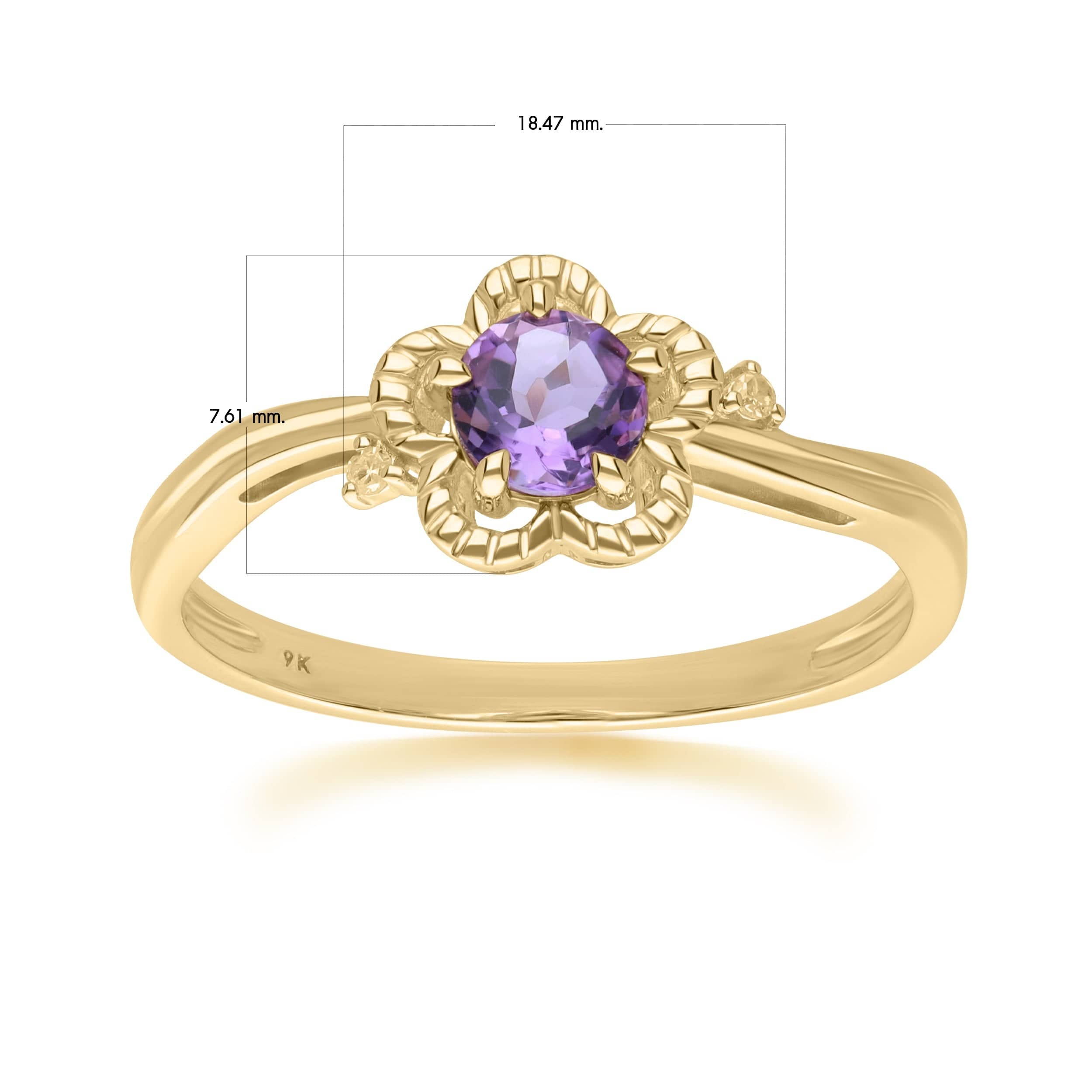 Floral Round Amethyst & Diamond Ring in 9ct Yellow Gold