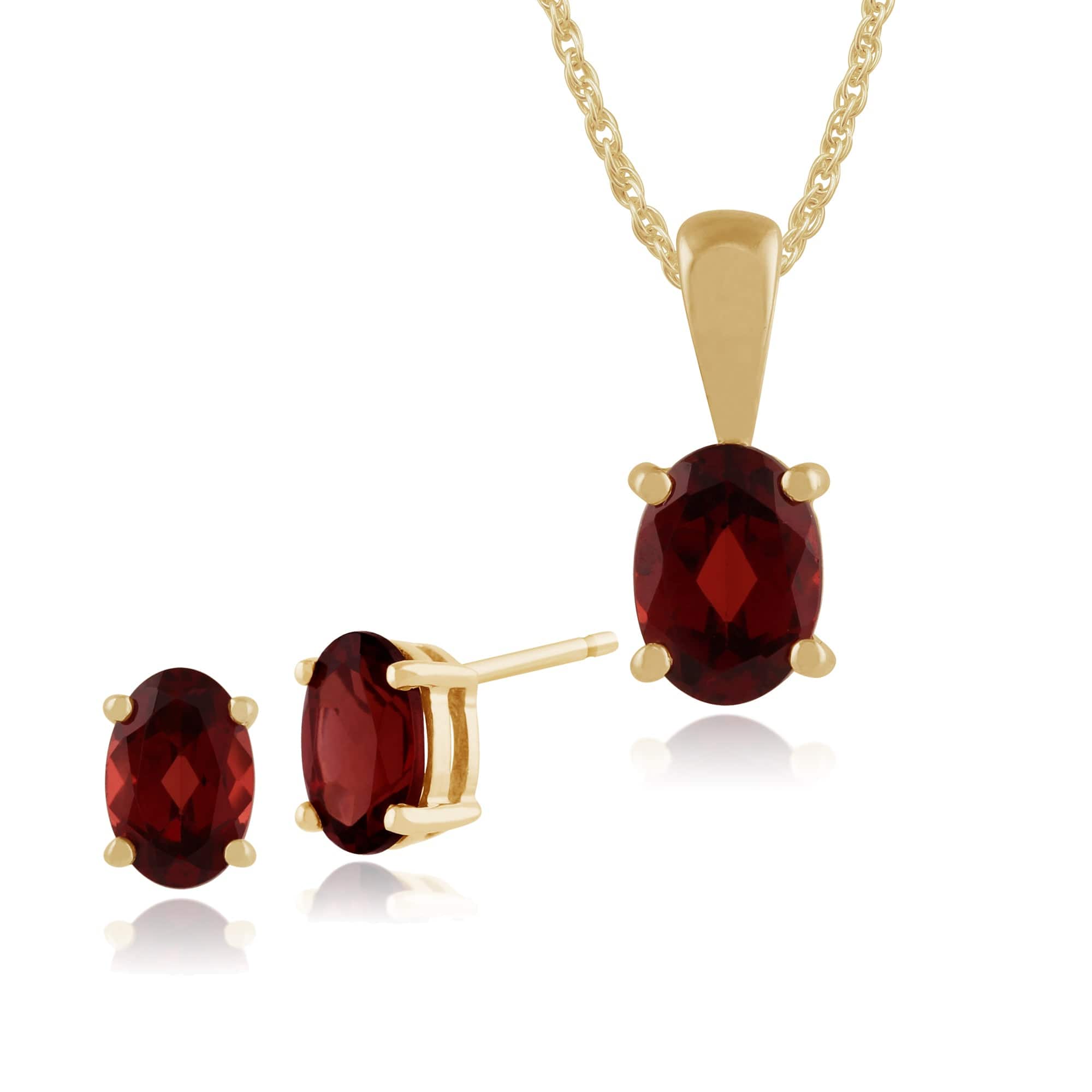 8542-10719 Classic Oval Garnet Single Stone Stud Earrings & Pendant Set in 9ct Yellow Gold 1