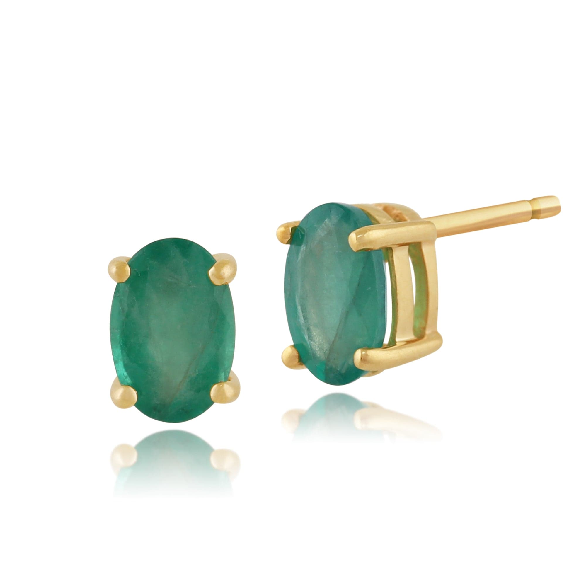 Classic Oval Emerald Single Stone Stud Earrings & Pendant Set in 9ct Yellow Gold - Gemondo